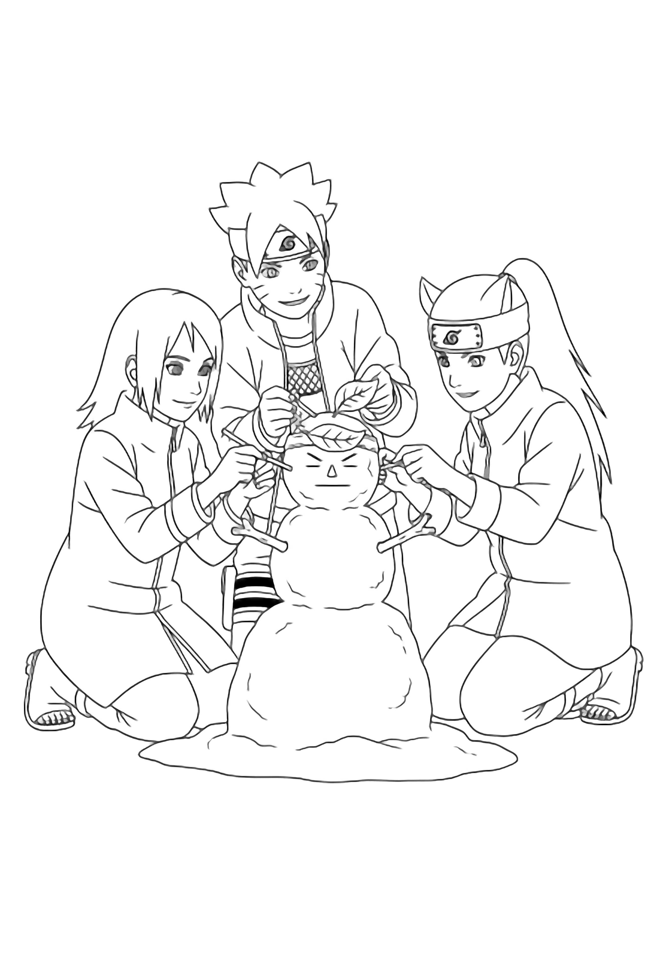 Boruto, Sarada and Mitsuki stack three snowballs into a tiny Hokage monument, adding stick arms and a leaf headband face. kleurplaat