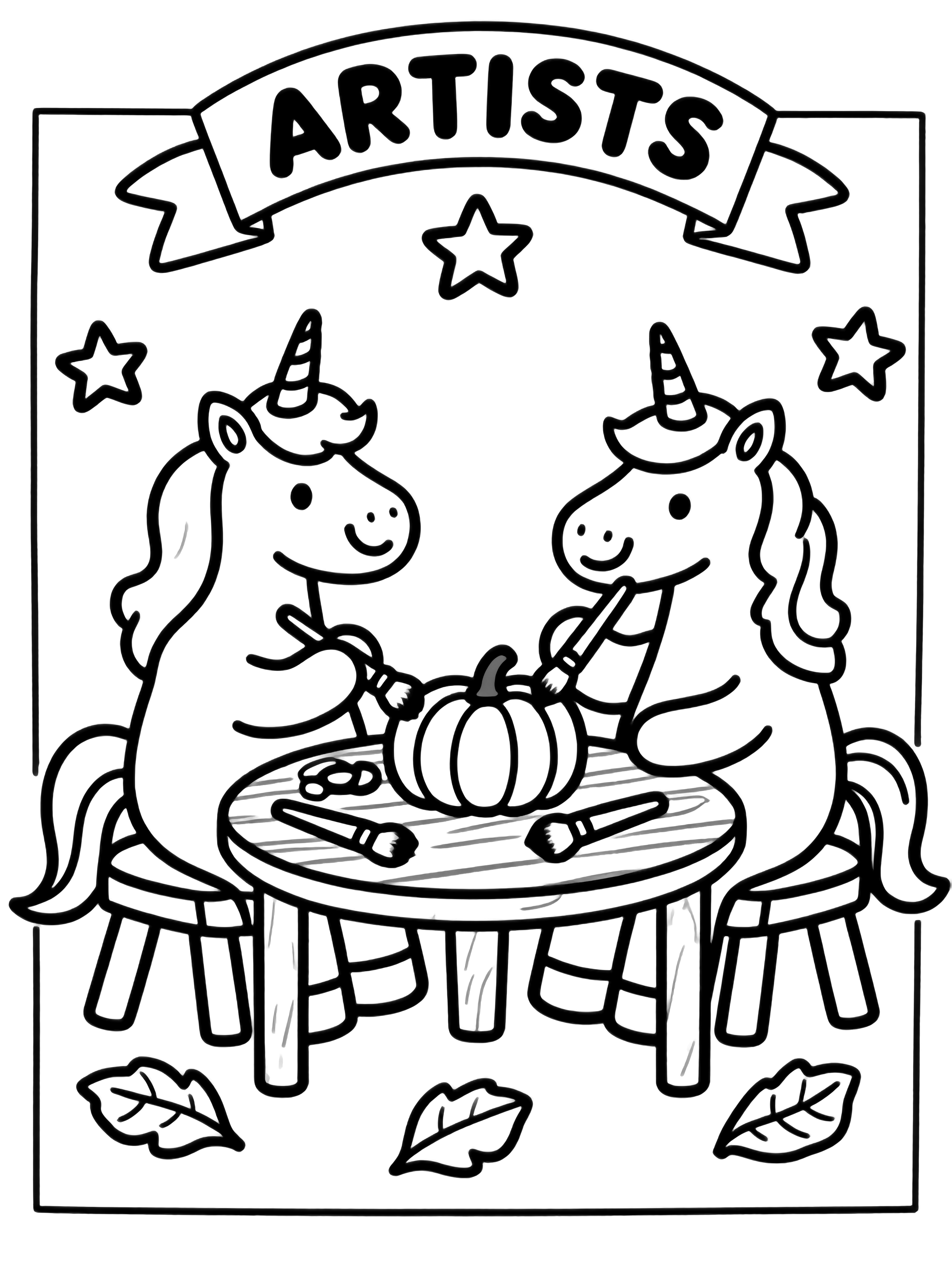 Two smiling unicorns sit at a small wooden table, each holding a brush over a pumpkin; extra brushes and open leaves rest nearby, framed by stars and a curved "ARTISTS" banner. kleurplaat