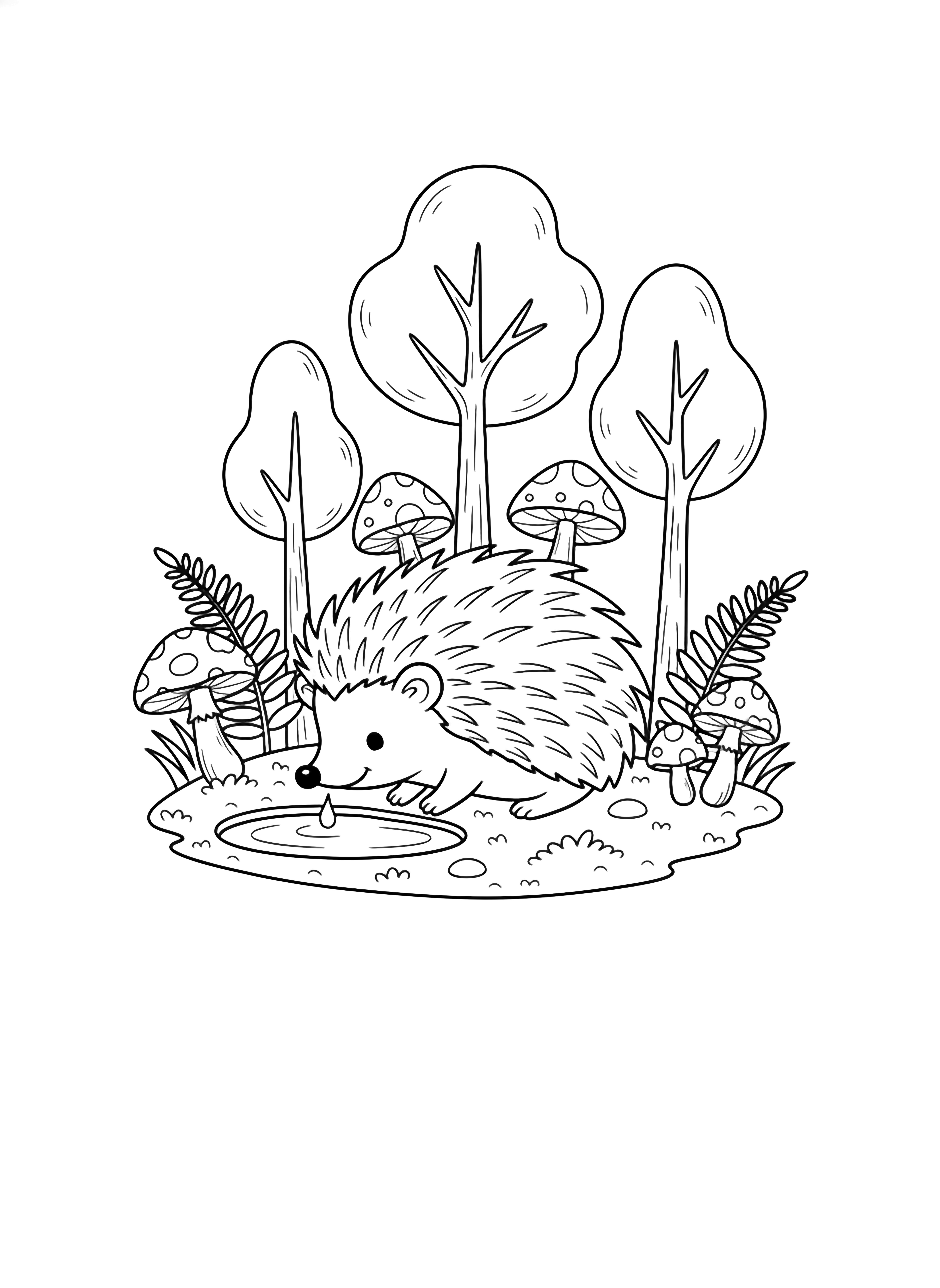 A smiling hedgehog crouches, tiny paws touching moss, sipping from a puddle amid mushrooms, ferns, and three trees. kleurplaat