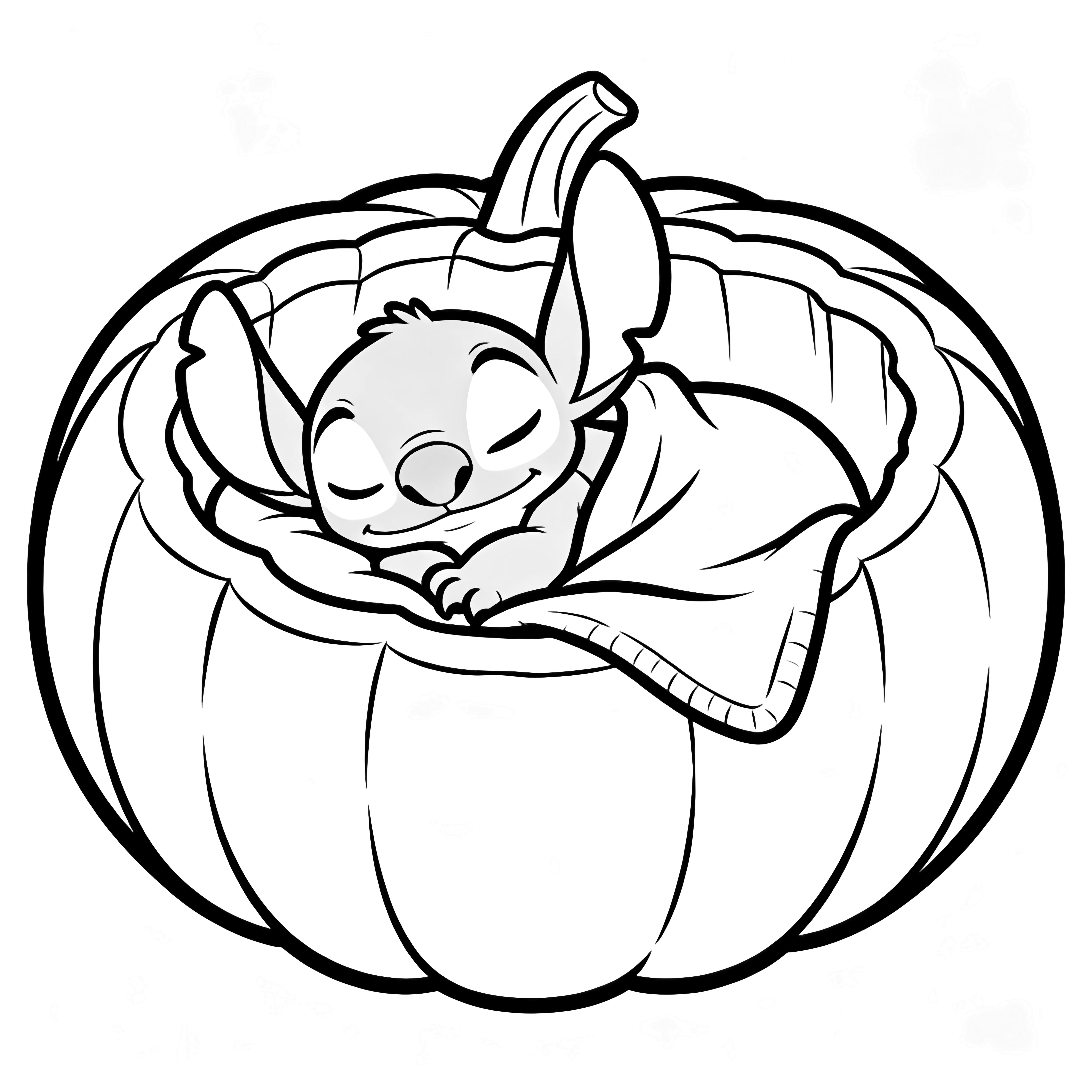 Stitch curled up asleep inside a hollow pumpkin, blanket tucked over him, pumpkin ridges encircling, eyes closed, peaceful smile. kleurplaat