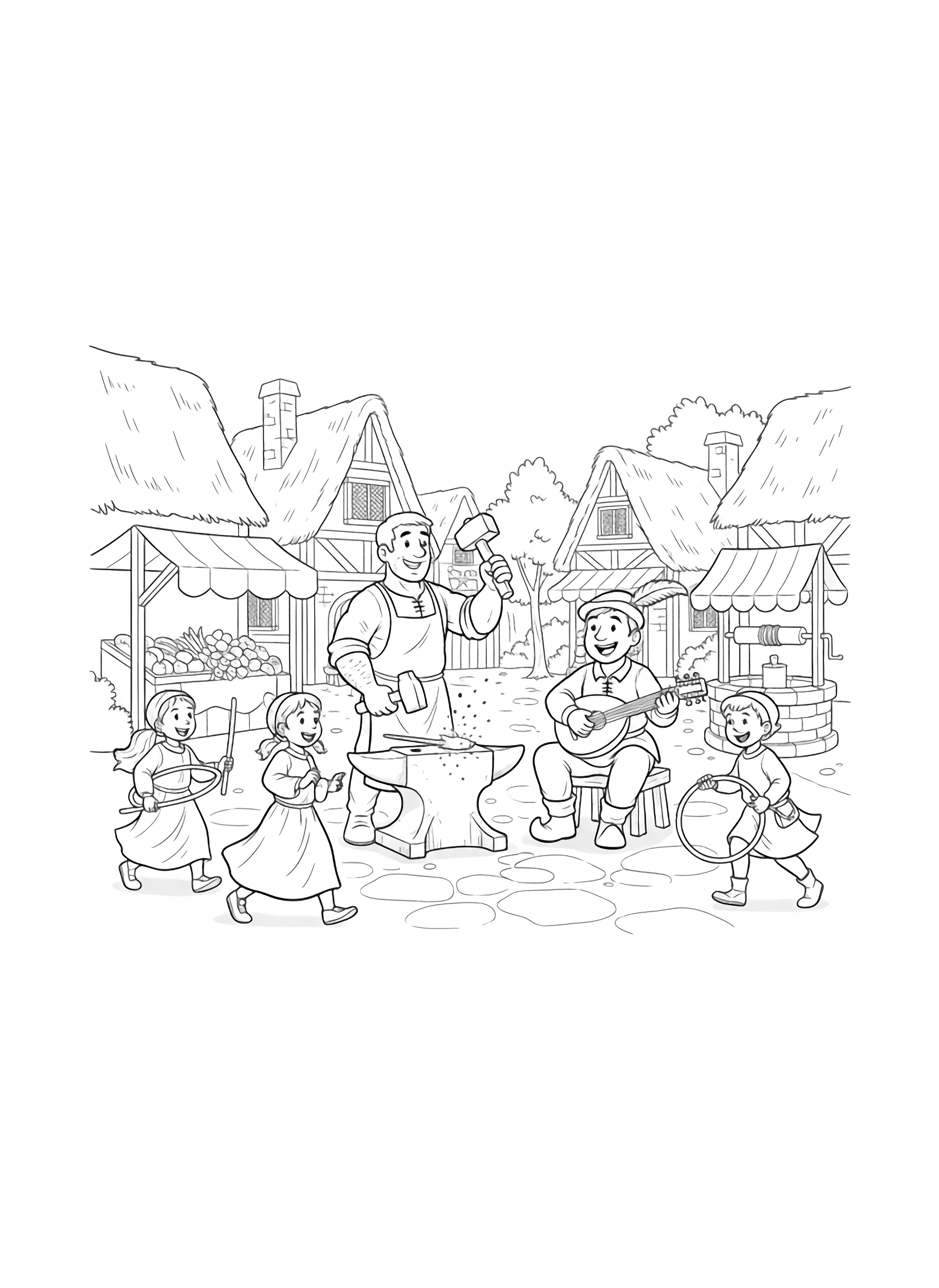 A black and white illustration of a cheerful medieval village square A friendly blacksmith stands at his anvil his sleeves rolled up and a happy smile on his face while a jolly minstrel nearby strums a lute A group of children play hoop and stick their long tunics fluttering as clean black and white line drawing minimal shading no colour no fill kleurplaat