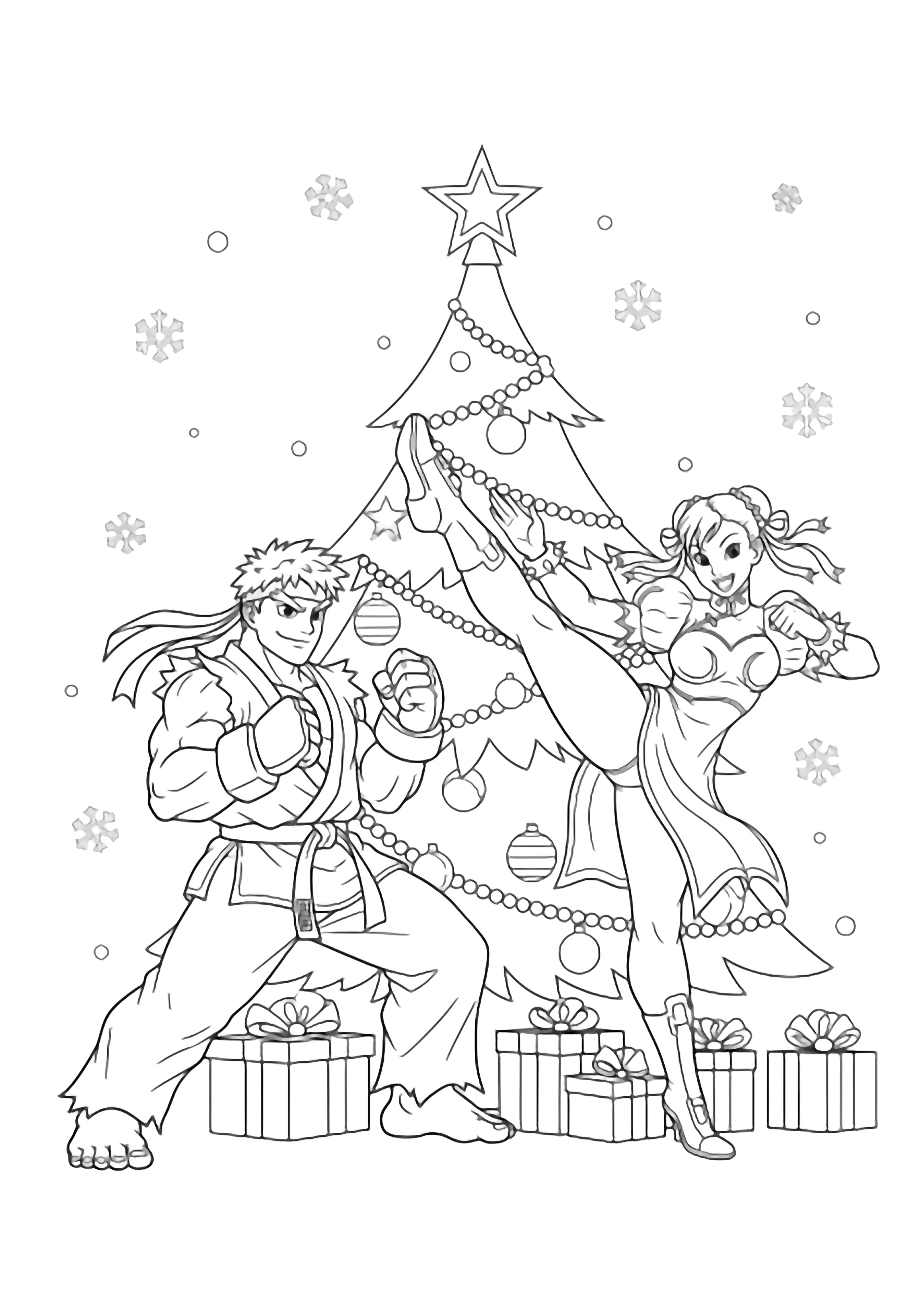 Ryu and Chun-Li, both smiling, strike fighting poses beside a Christmas tree with star and ornaments, presents below, light snowflakes drifting. kleurplaat