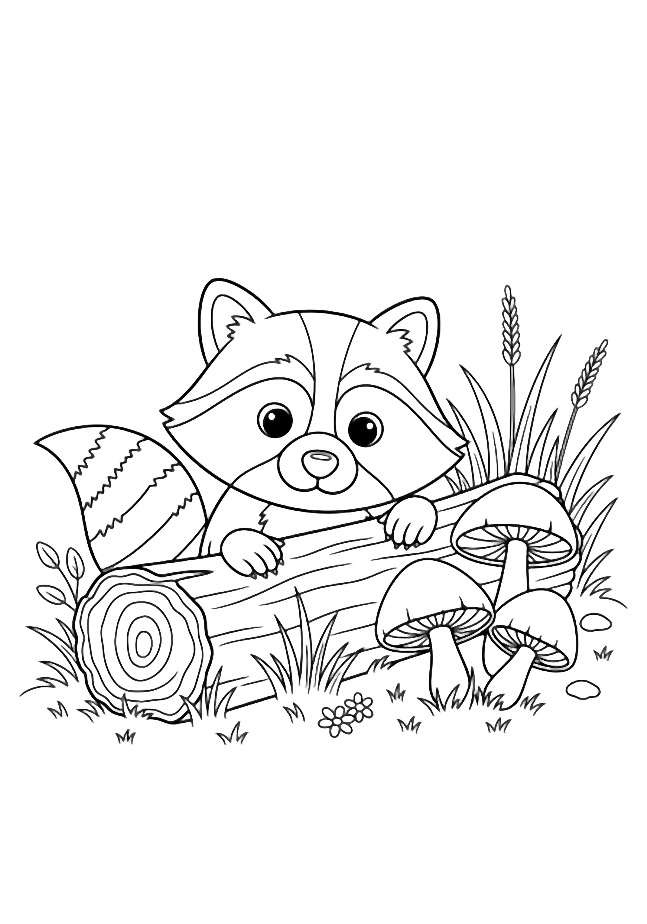 A smiling raccoon peeks from behind a fallen log, its striped tail visible; three mushrooms, grass, and tiny flowers surround the log. kleurplaat