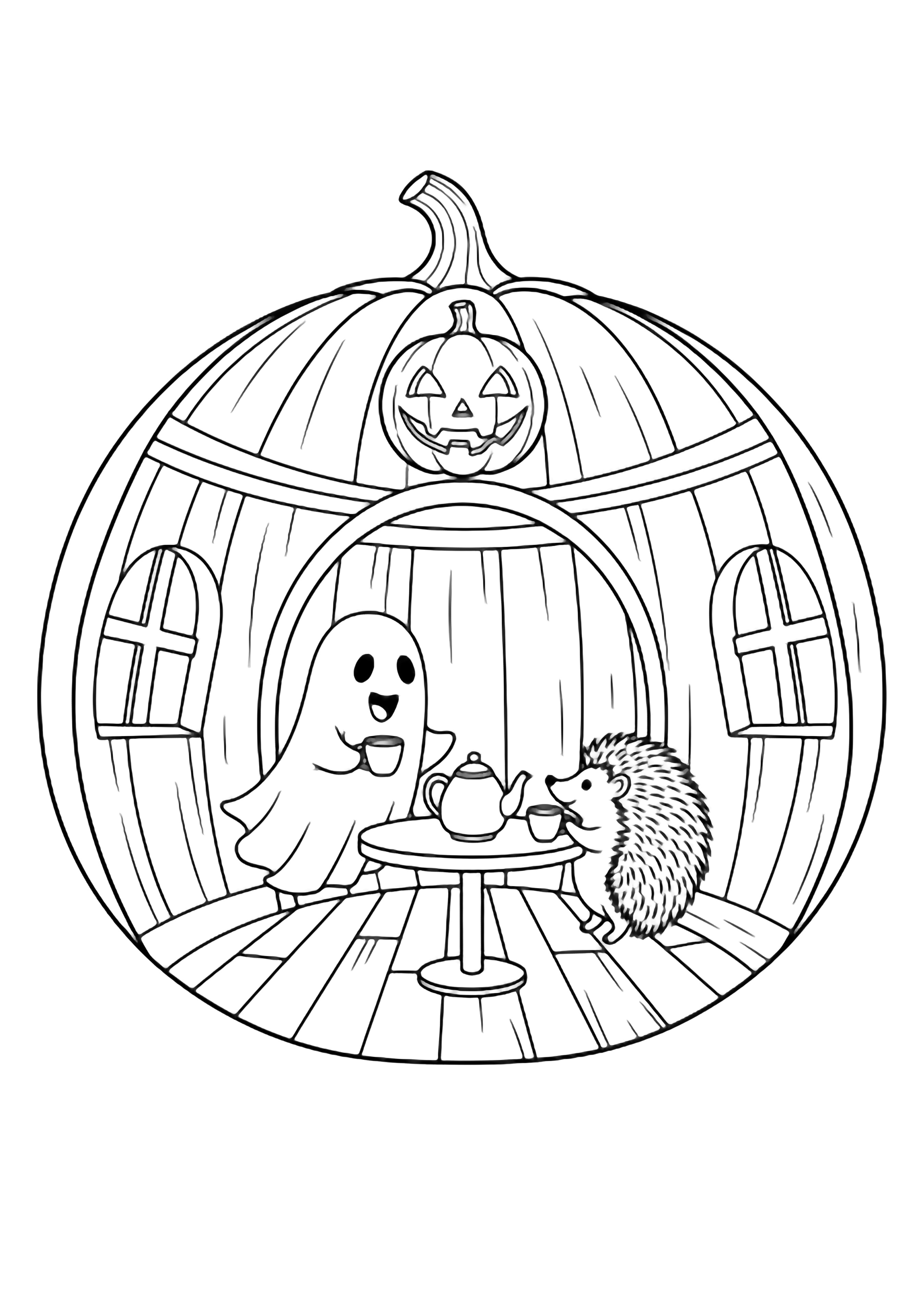 A pumpkin house with cut-out windows; a ghost and a tiny hedgehog sit at a table holding cups, a teapot between them; jack-o-lantern face smiles above the door. kleurplaat