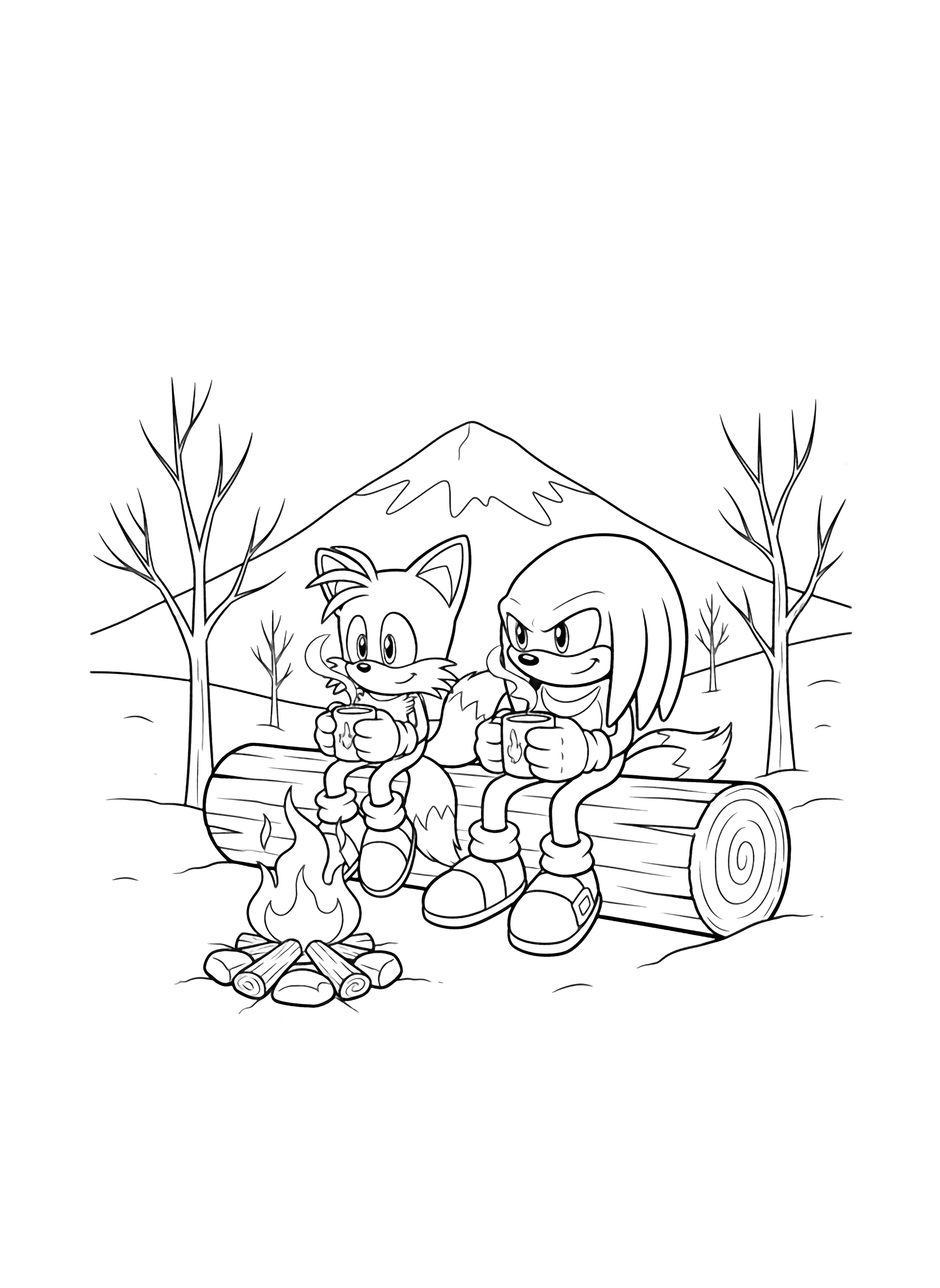 Sonic, Tails, and Knuckles sit on a log holding mugs; a teepee of logs with flames, snow mounds, and bare trees behind. kleurplaat
