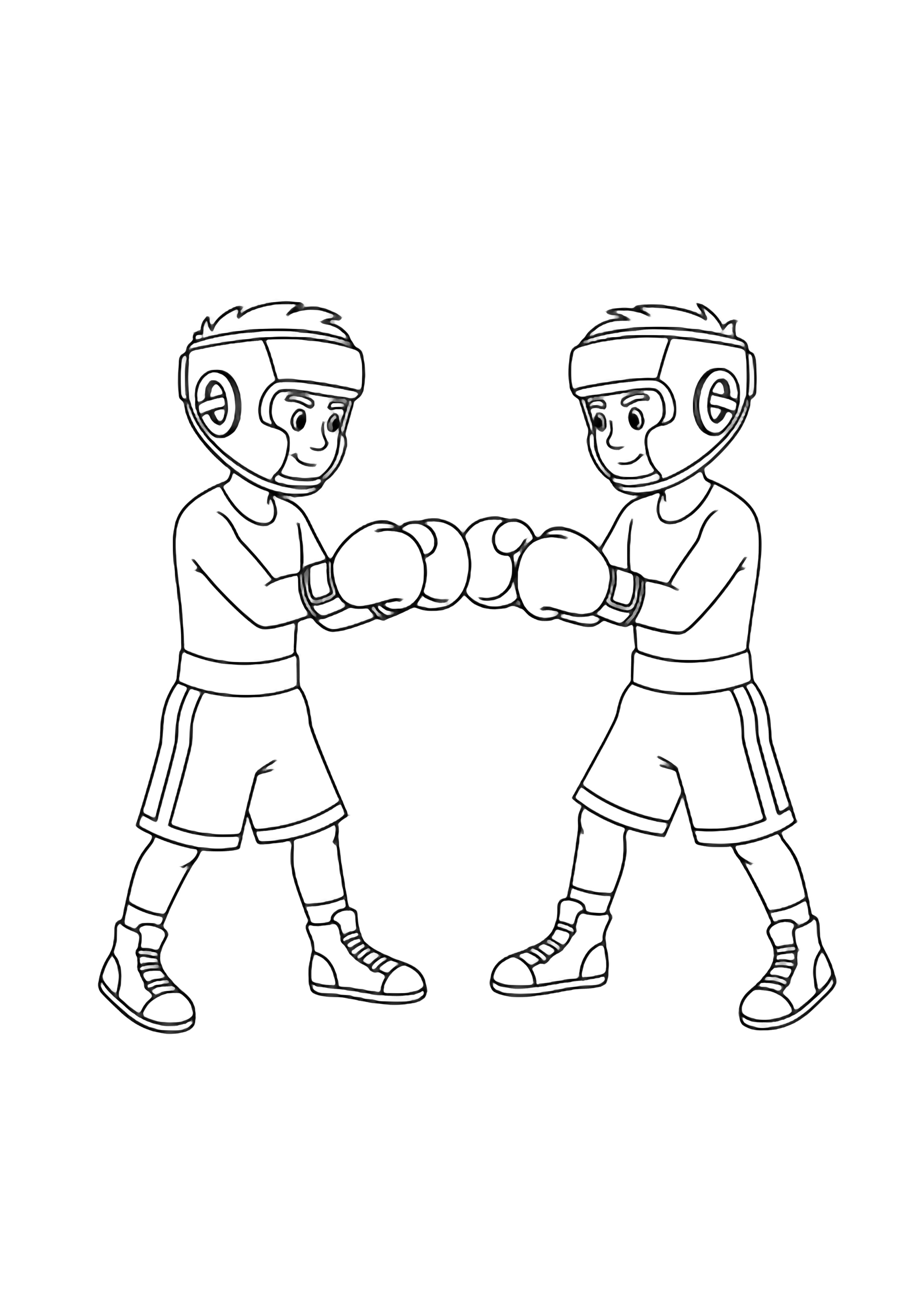 Two cartoon boxers in fighting stance, gloves touching, wearing shorts, headgear and shoes on a white background kleurplaat
