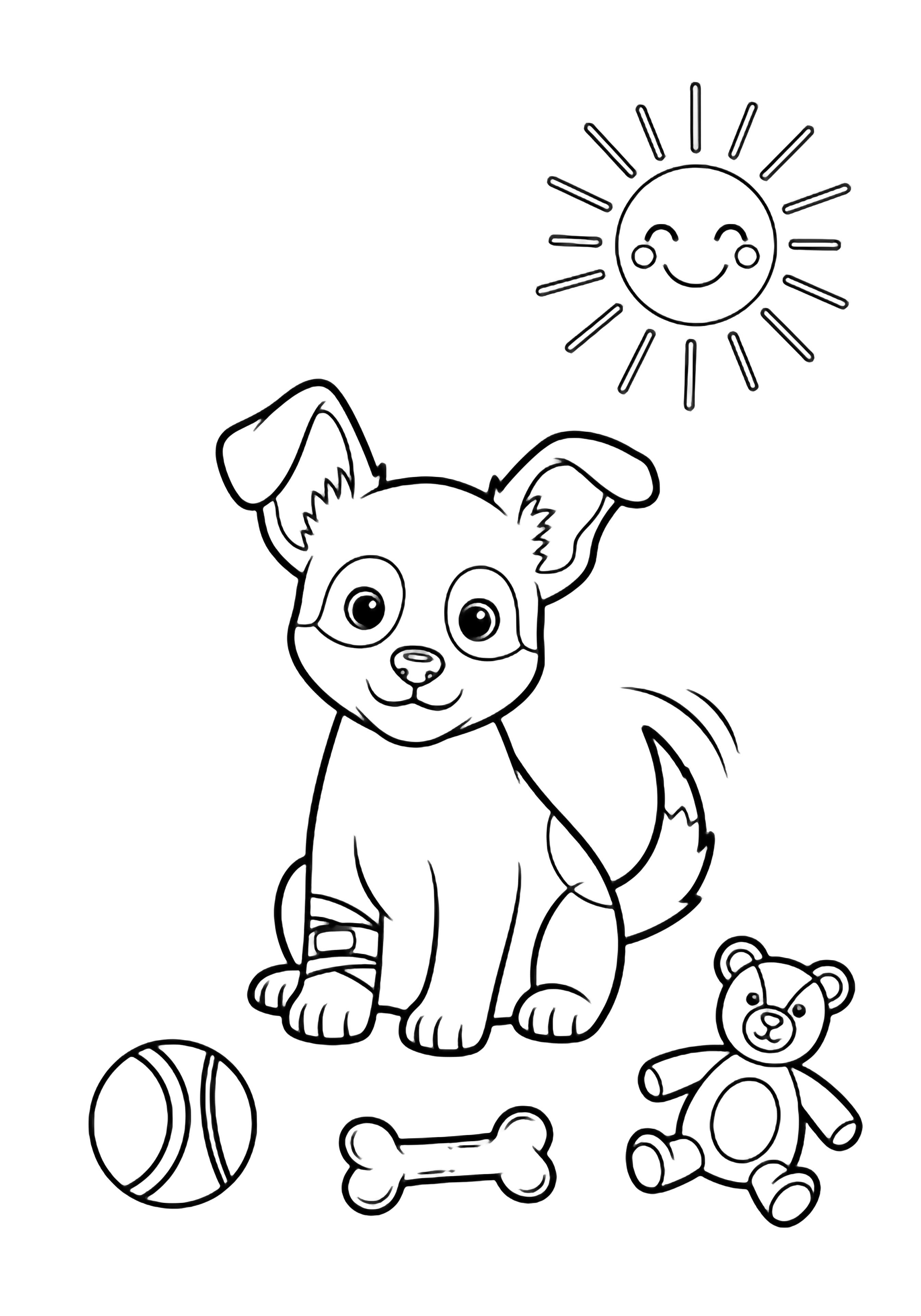 A cheerful puppy with one ear up, tail wagging, bandaged leg, sits among three toys while a smiling sun shines overhead. kleurplaat