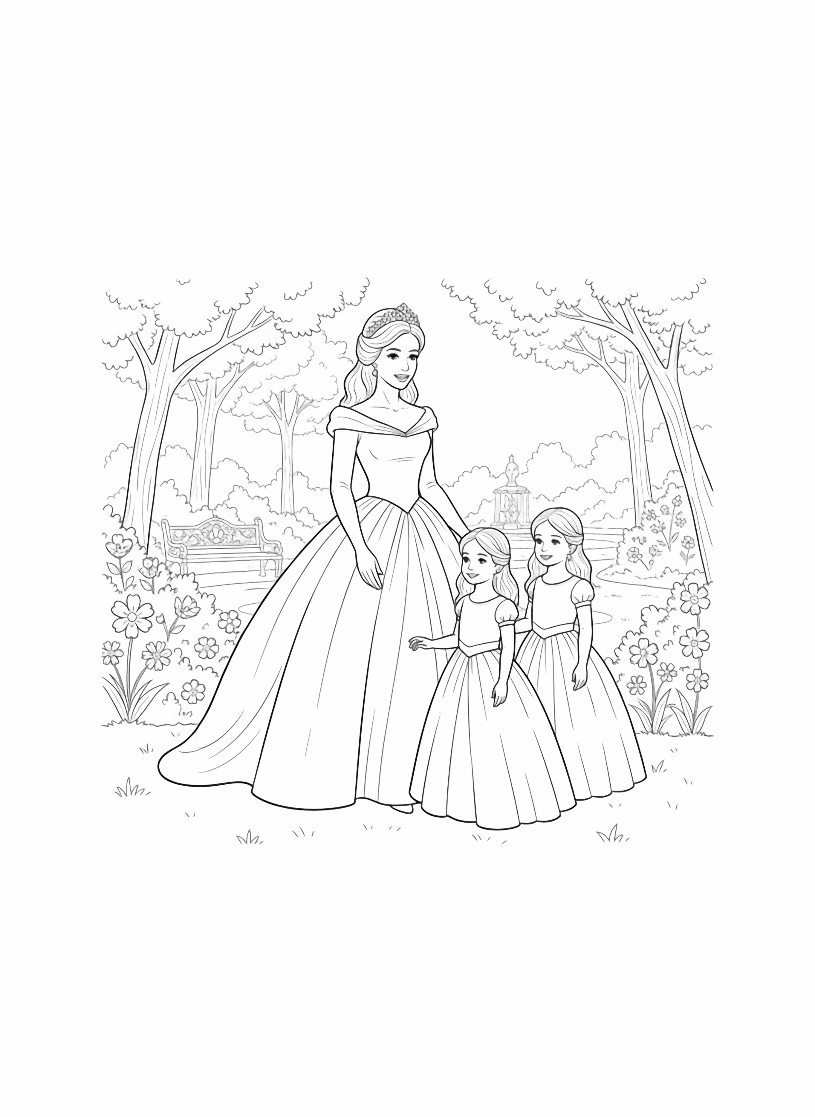 A black and white page illustration of a British princess standing gracefully beside her two beloved daughters the young princesses in their enchanting royal garden All three wear elegant flowing gowns with full skirts that billow softly in the gentle breeze The mother princess has her hair beautifully styled with a tiara while the clean black and white line drawing minimal shading no colour no fill kleurplaat