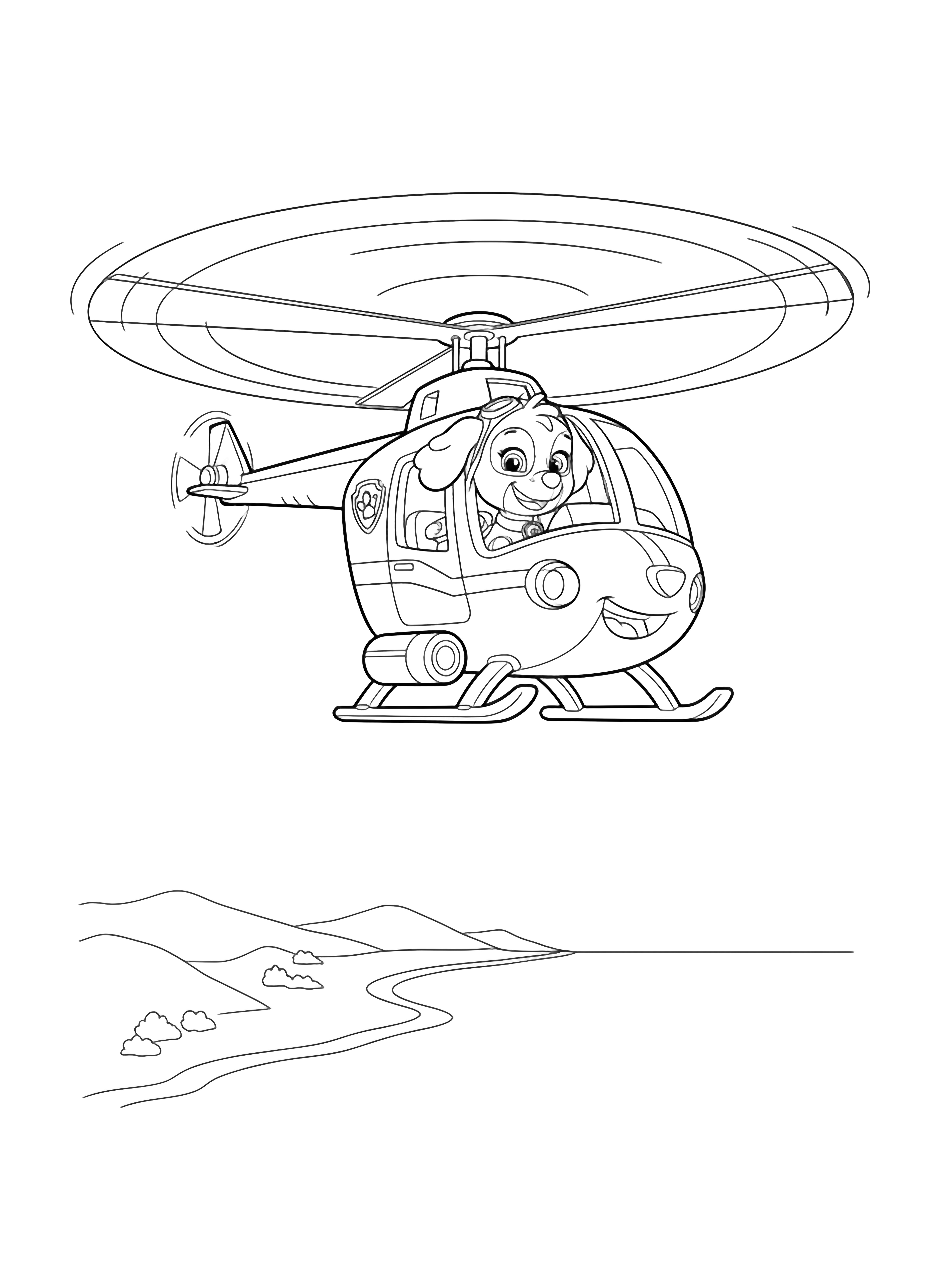 A black and white page of Skye soaring in her helicopter high above Adventure Bay The helicopter is shown in cheerful three quarter view with its big friendly rotors spinning overhead Skye smiles confidently from the cockpit her pilot goggles pushed up on her forehead Below a simple curved coastline stretches across the page clean black and white line drawing minimal shading no colour no fill kleurplaat