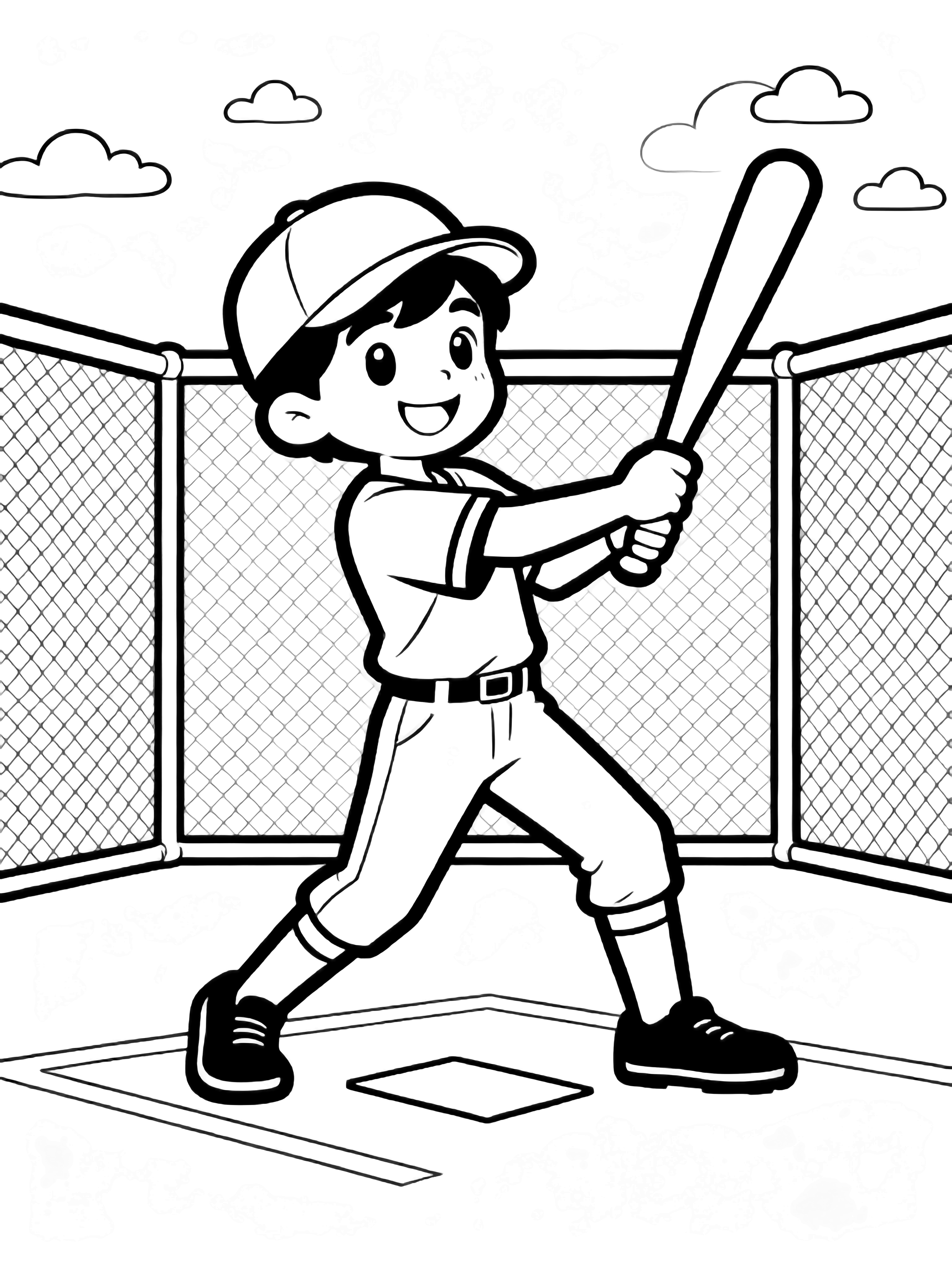 Smiling young batter mid-swing, wide stance, gripping bat; home plate, backstop frame, tiny clouds. kleurplaat