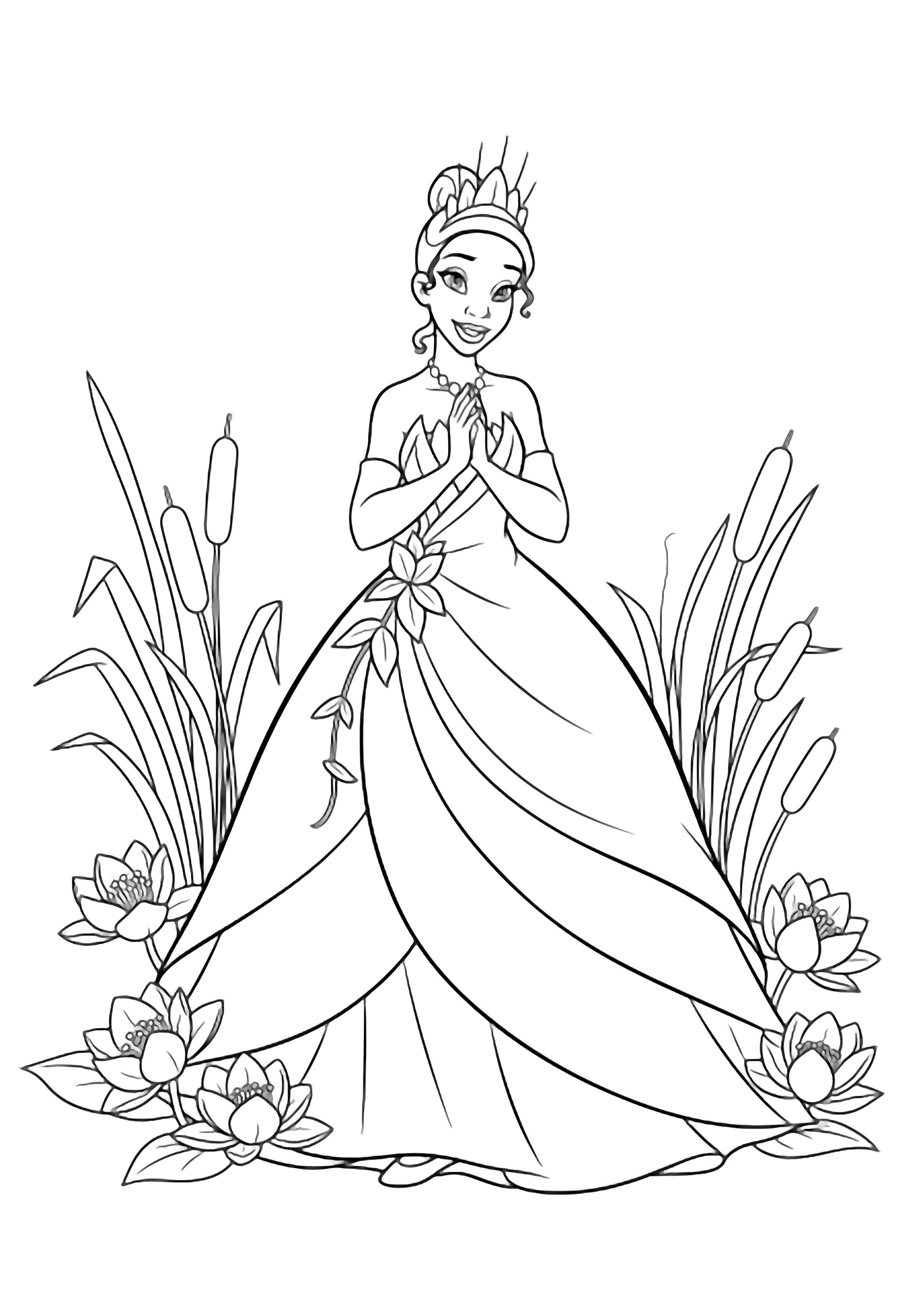 Tiana stands smiling, hands clasped, gown flowing; bayou lilies and cattails frame her. kleurplaat