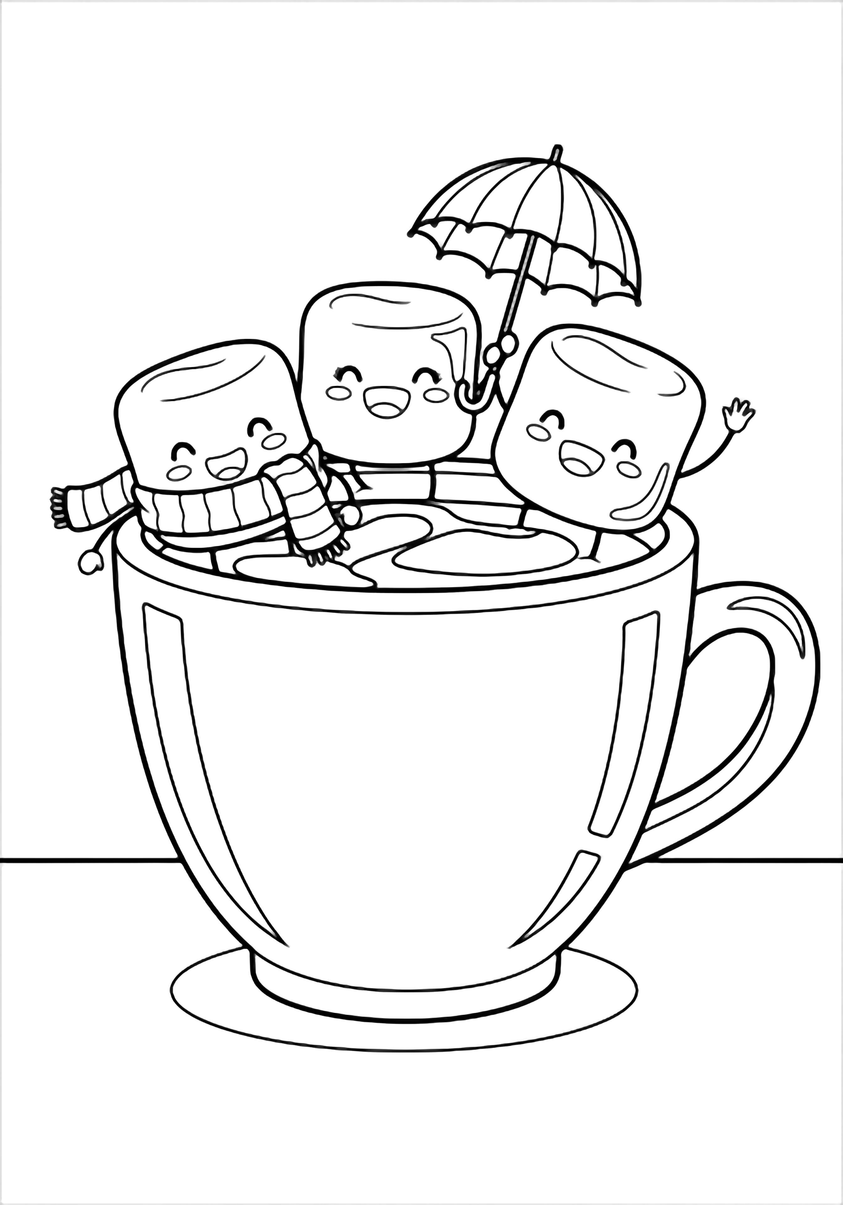 Three cheerful marshmallows in a giant mug-one in a scarf, one with a tiny umbrella, one waving-on cocoa waves beside a simple table. kleurplaat