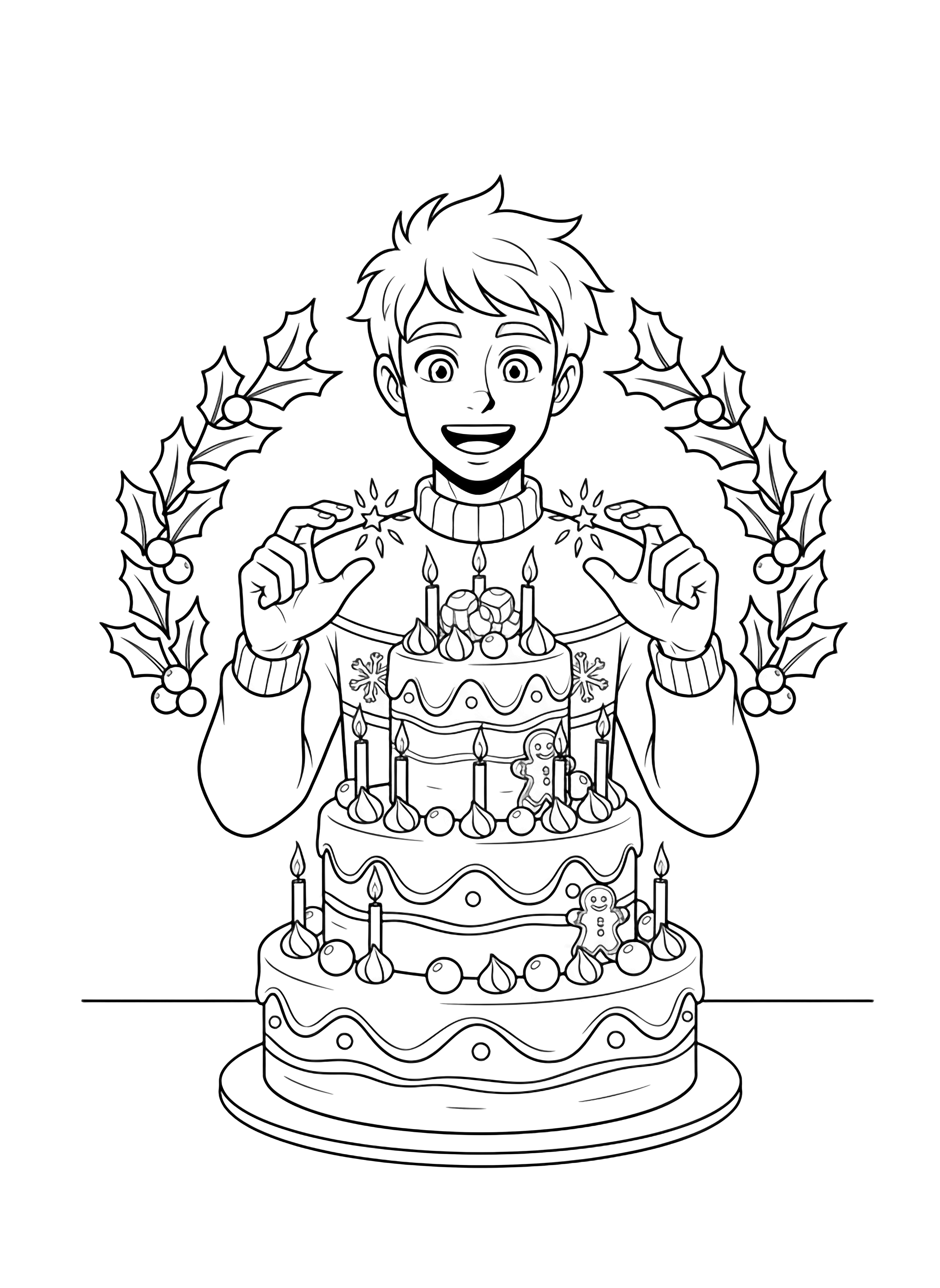 Roy beams behind a three-tier Christmas cake, snapping fingers that send tiny star-burst flames toward candle wicks, holly garland looping behind. kleurplaat