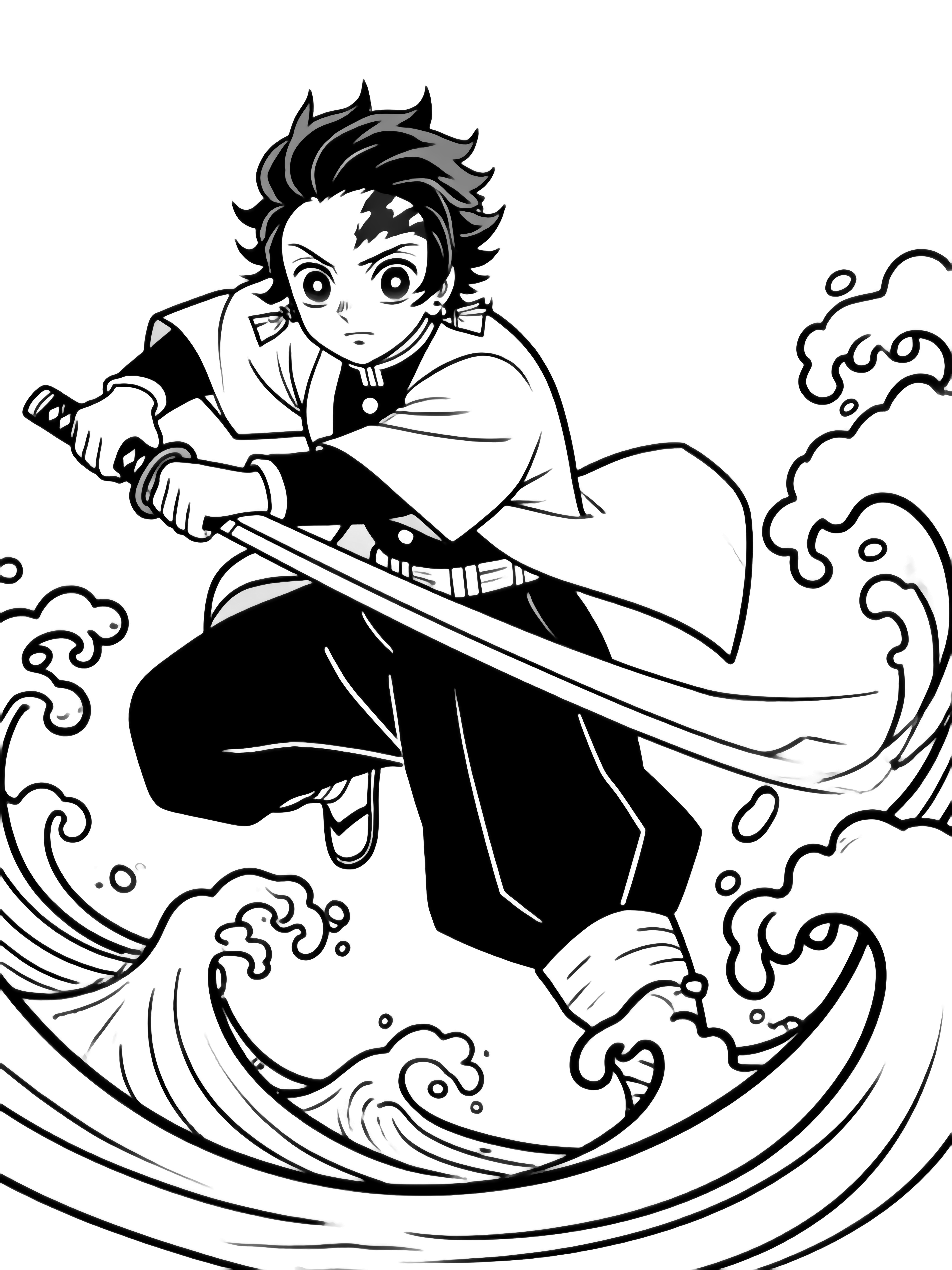 Tanjiro Kamado lunges forward with sword extended, ocean waves curling and splashing around him. kleurplaat