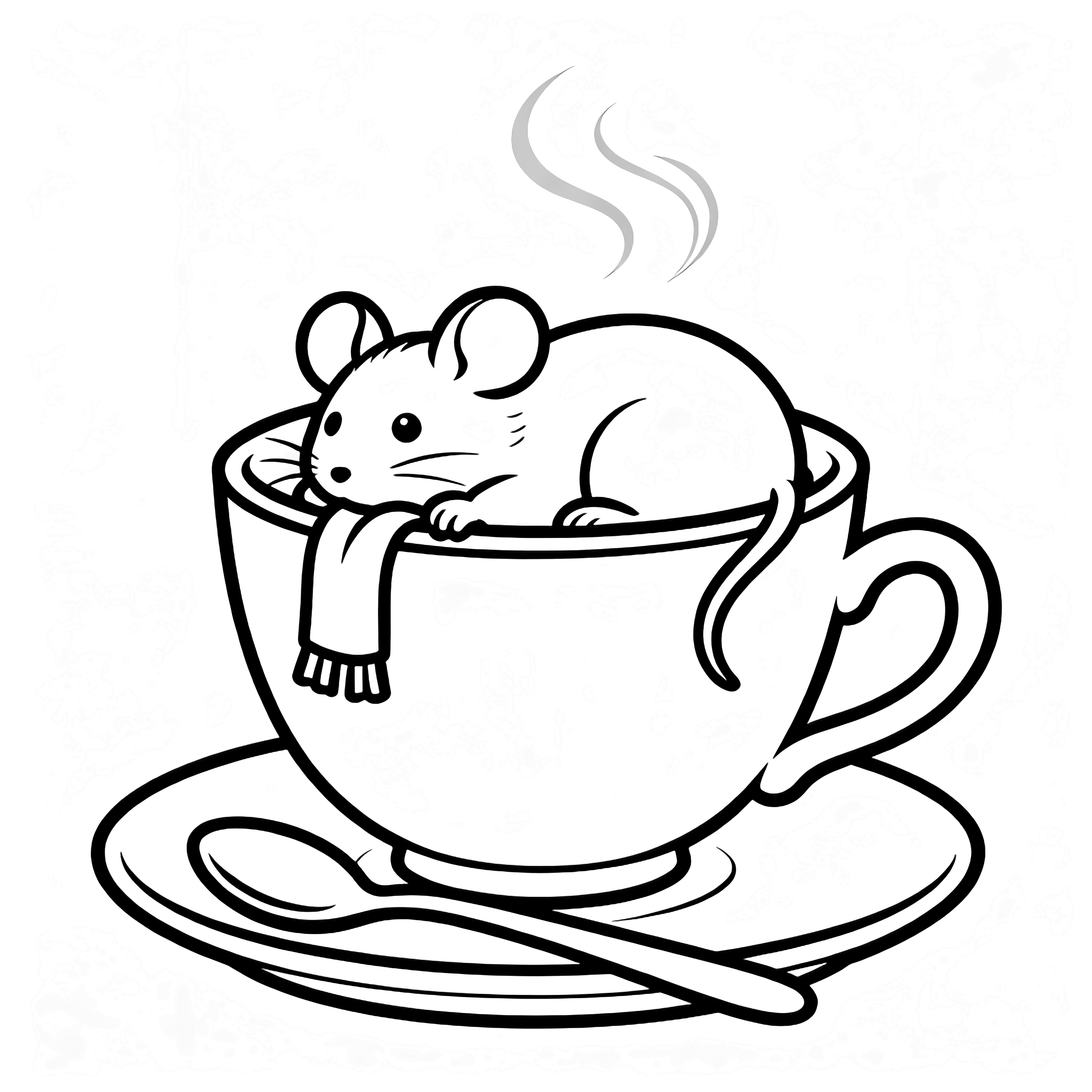 A plump mouse naps inside a wide teacup, scarf ends draped over the rim, saucer and spoon below, faint steam curls above. kleurplaat