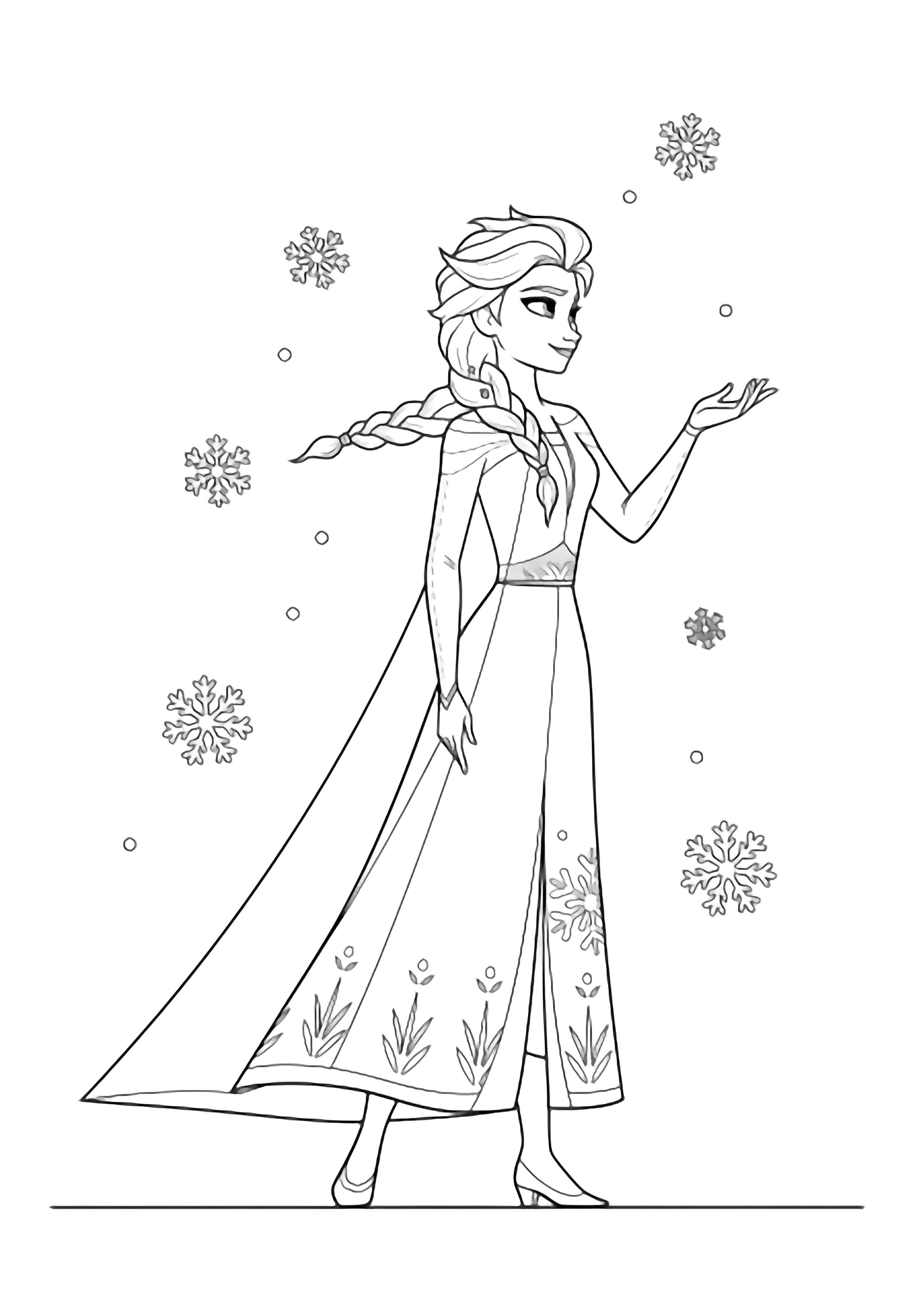 Elsa stands sideways, braid curving down her back, one hand lifted, simple snowflakes drifting around her; plain ground line, empty sky. kleurplaat
