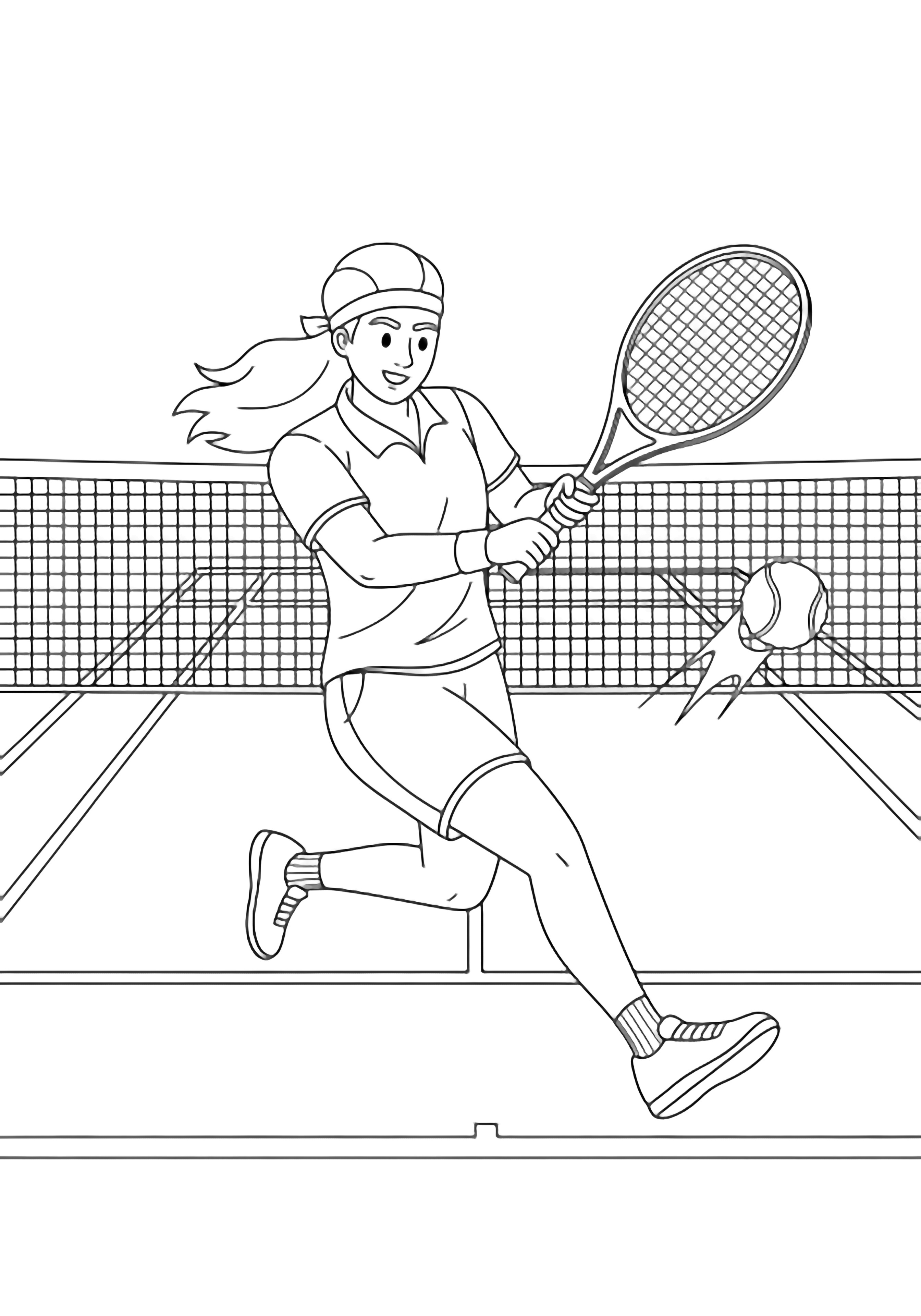Atleet midden in een slag met een racket, eenvoudig veld met net en pluizige bal. kleurplaat