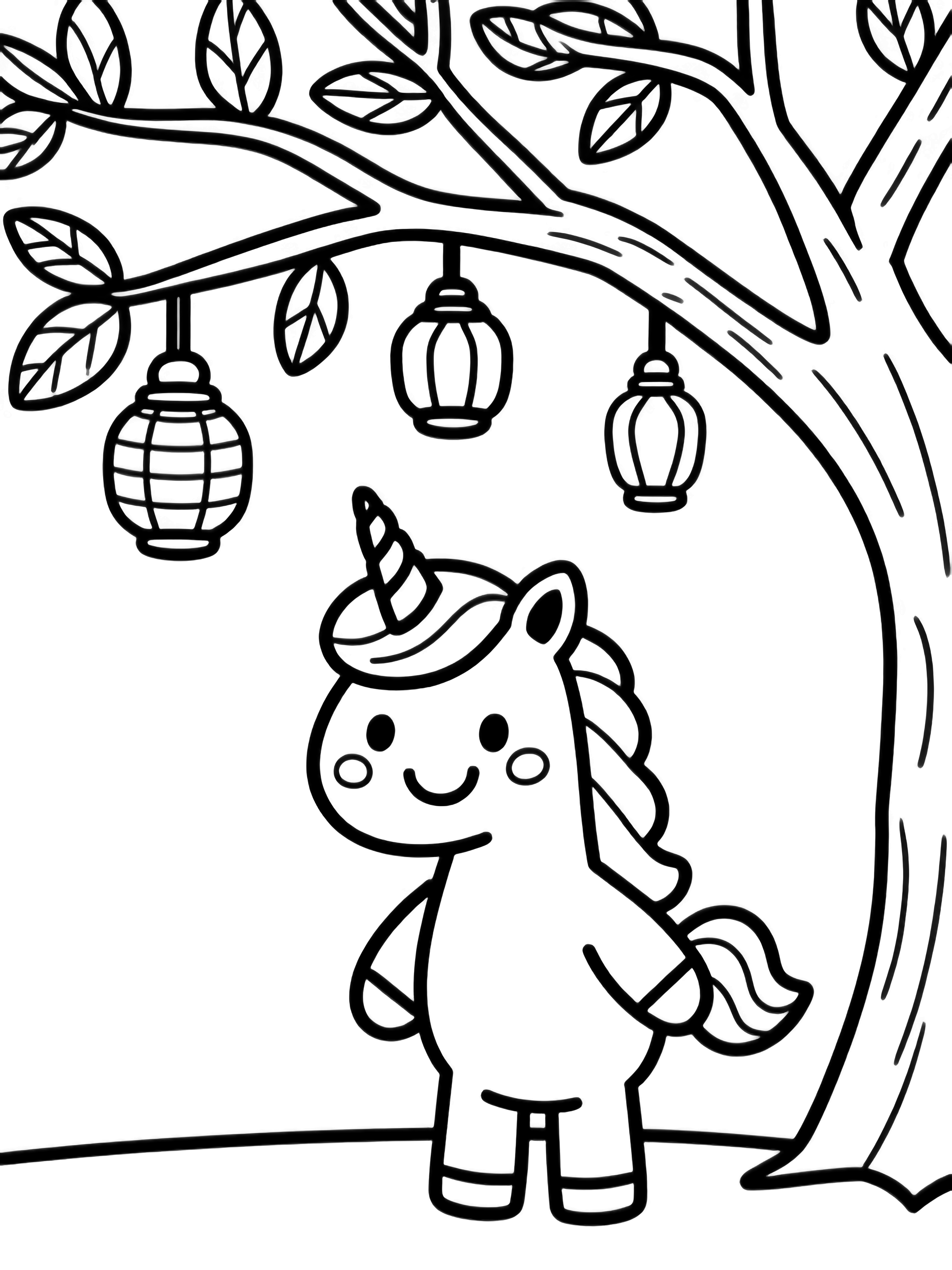 A smiling unicorn stands beneath a tree hung with simple lanterns, minimal leaves, open spaces. kleurplaat