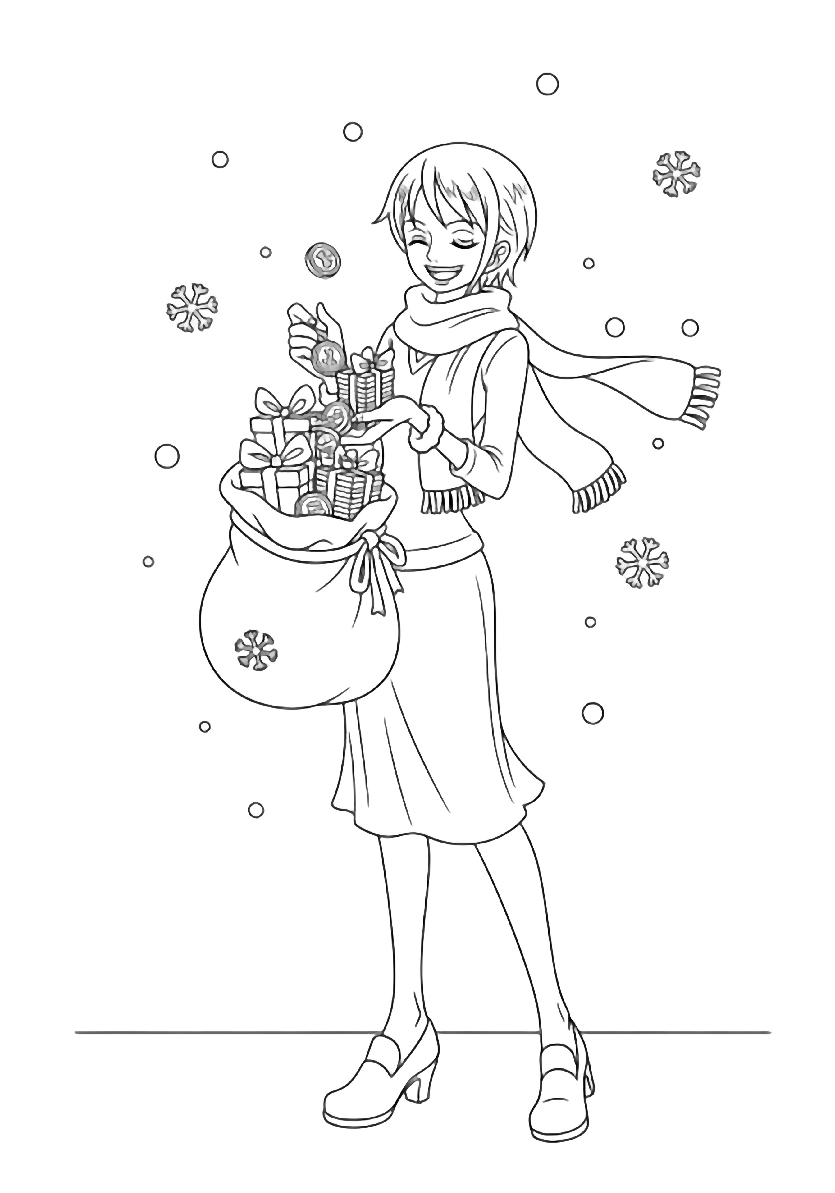 Nami, smiling, counts ribbon-tied coin stacks from an open sack, fluffy scarf round her neck, snowflakes drifting. kleurplaat