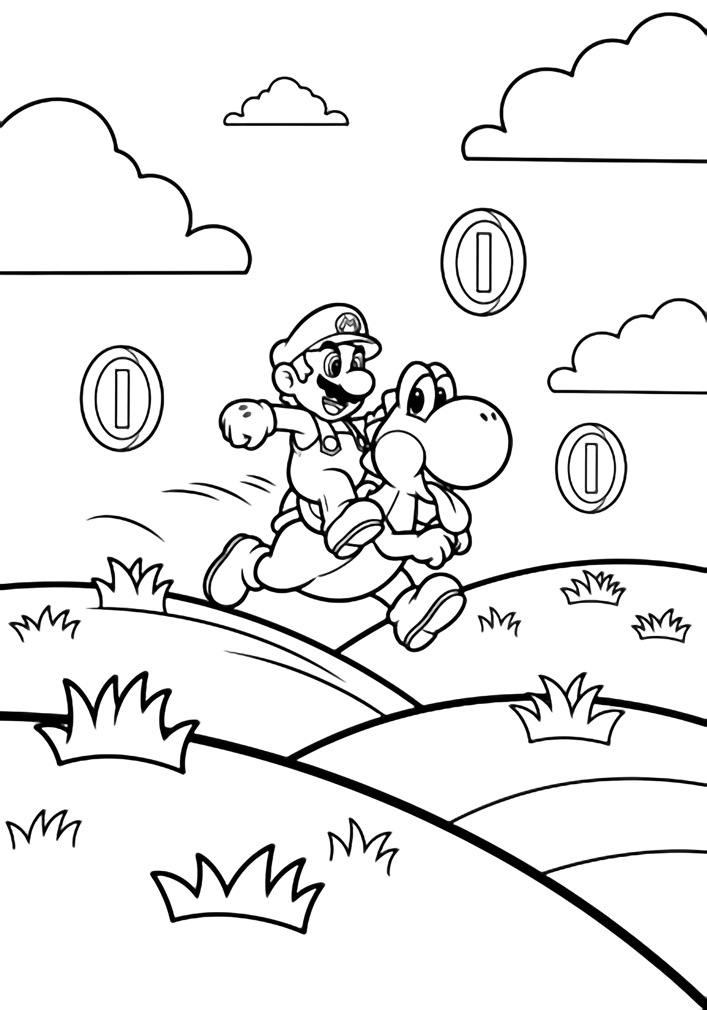 Mario rijdt op Yoshi over glooiende heuvels met graspolletjes; wollige wolken drijven boven en grote cirkels van munten zweven in de lucht. kleurplaat