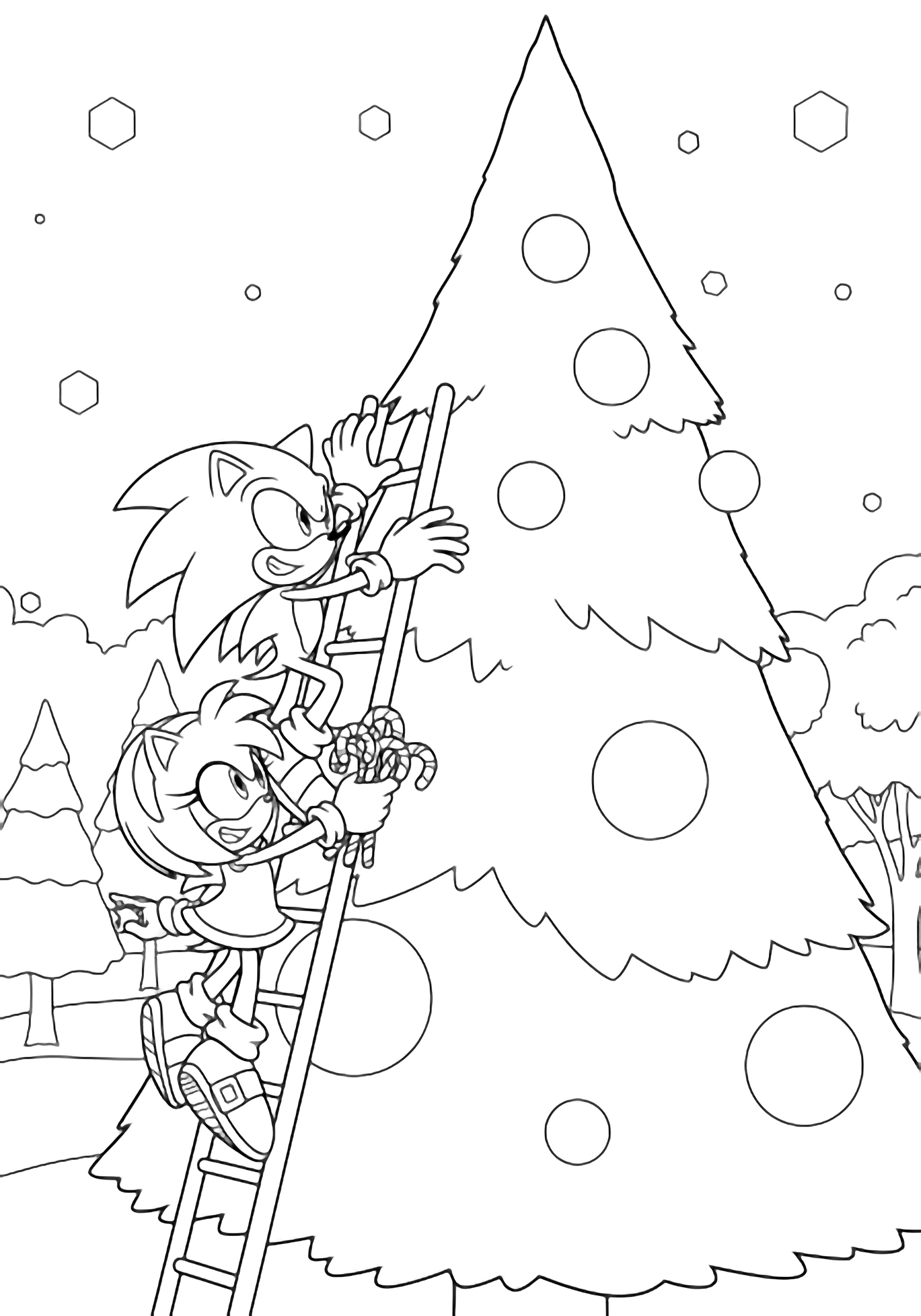 Sonic on a ladder, Amy handing him candy canes; giant Christmas tree with ring ornaments, snowy park, gentle snowflakes, cheerful poses kleurplaat