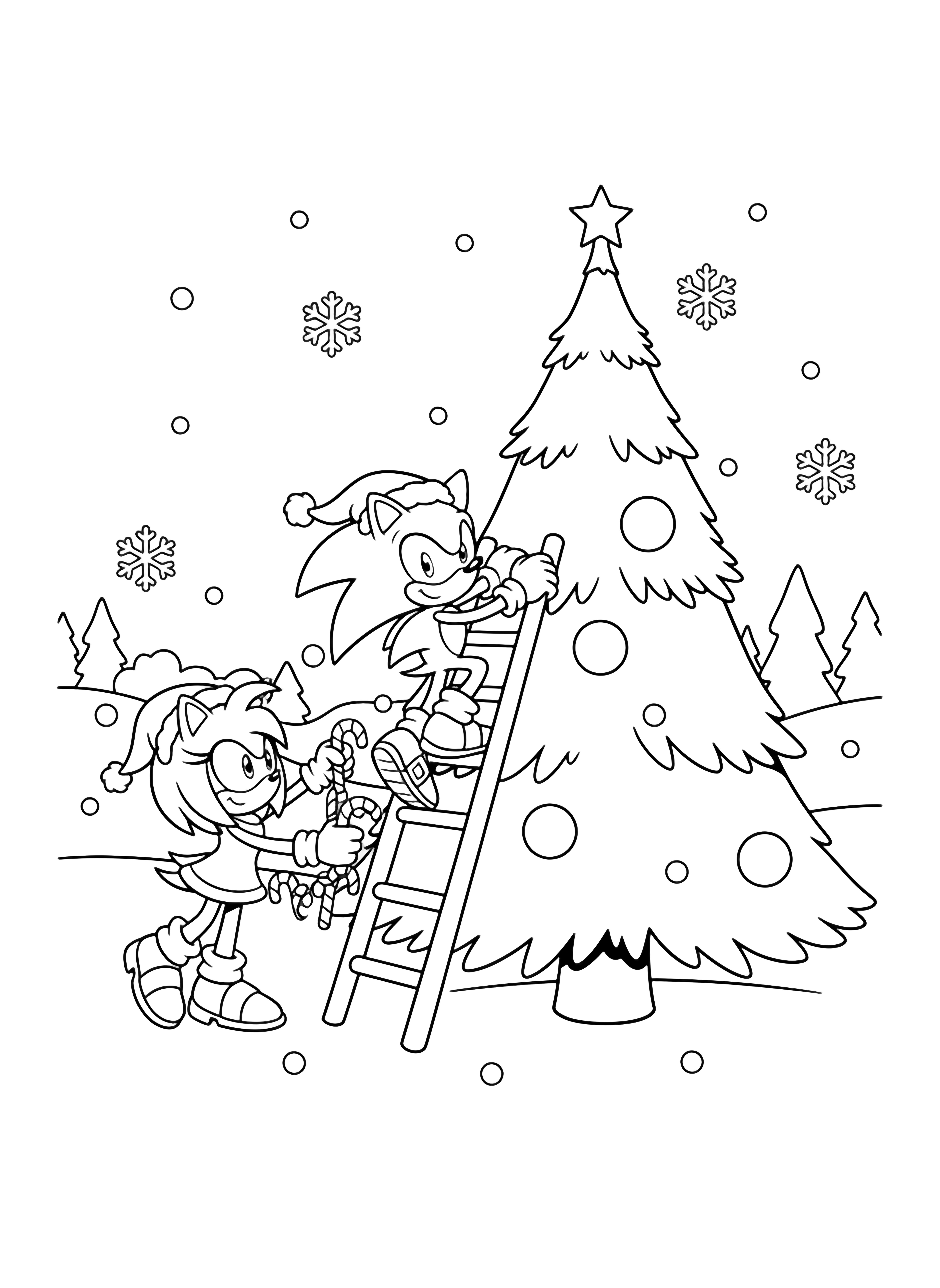Sonic on a ladder, Amy handing him candy canes; giant Christmas tree with ring ornaments, snowy park, gentle snowflakes, cheerful poses kleurplaat
