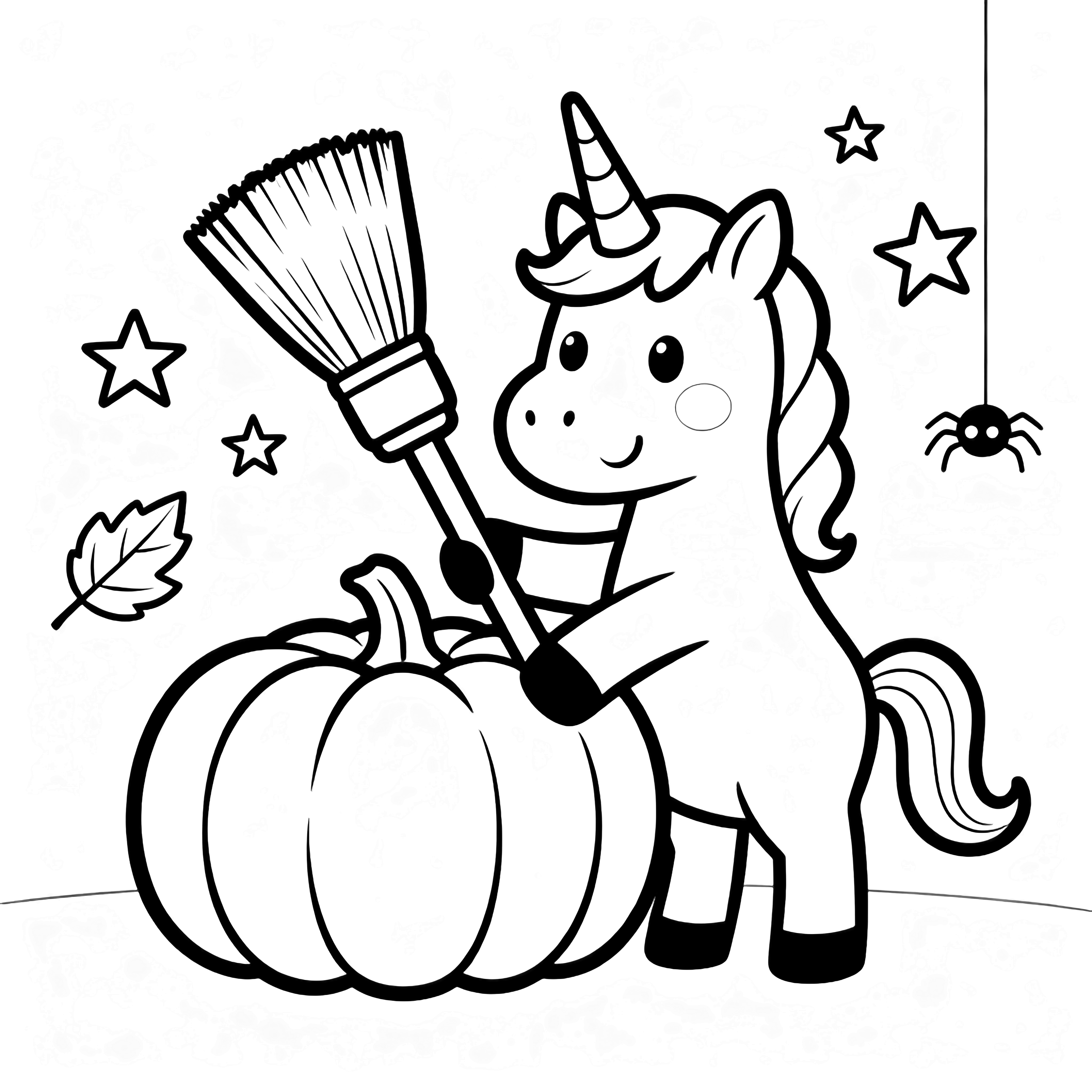 A joyful unicorn rears up, painting a big pumpkin while stars, leaves and a little spider drift around. kleurplaat