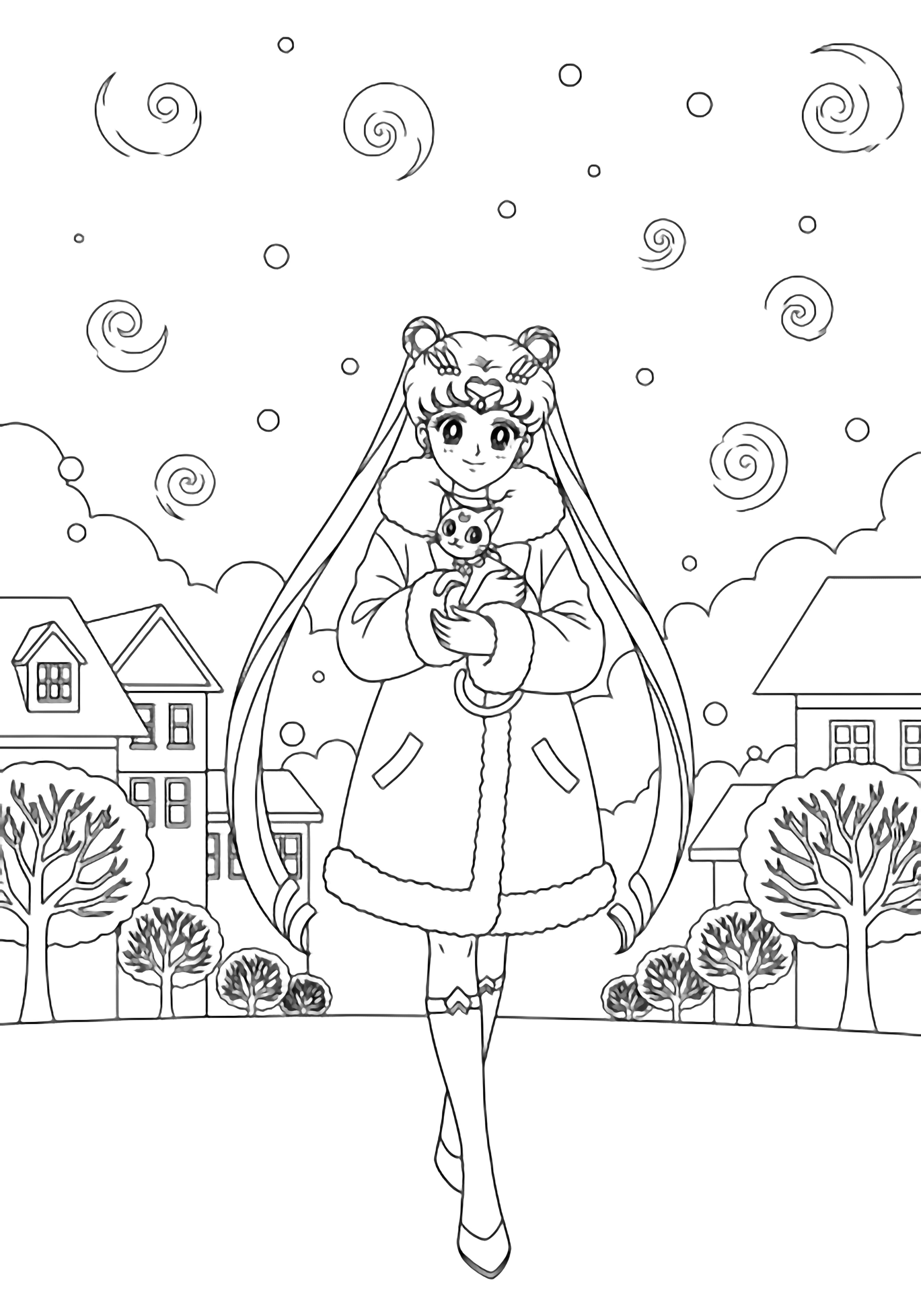 Sailor Moon in a fluffy coat walks through falling snow, hugging Luna; simple houses and bare trees frame the scene. kleurplaat