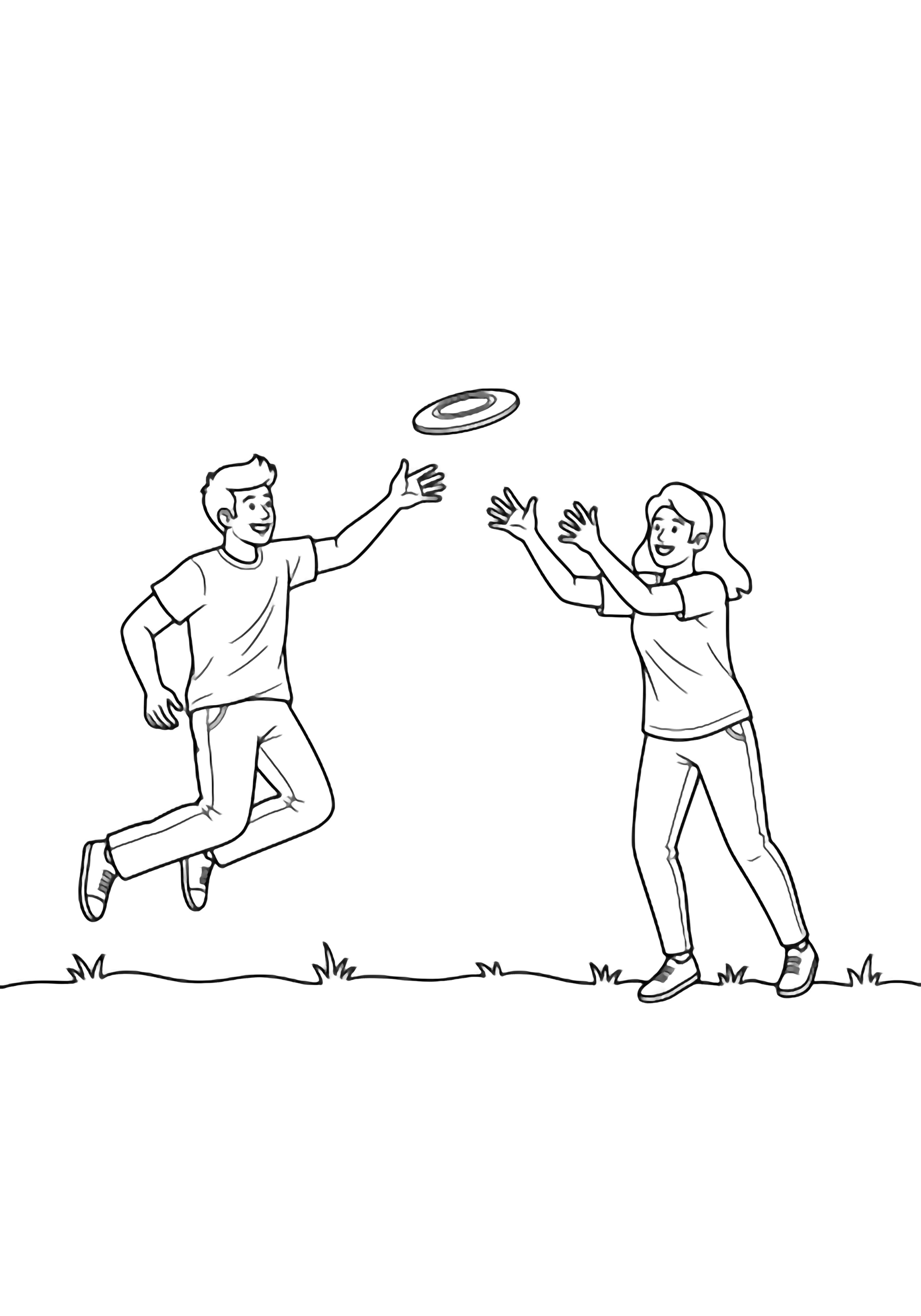 Two happy children playing frisbee in a park, one jumping to throw, the other stretching to catch, with grass beneath them. kleurplaat