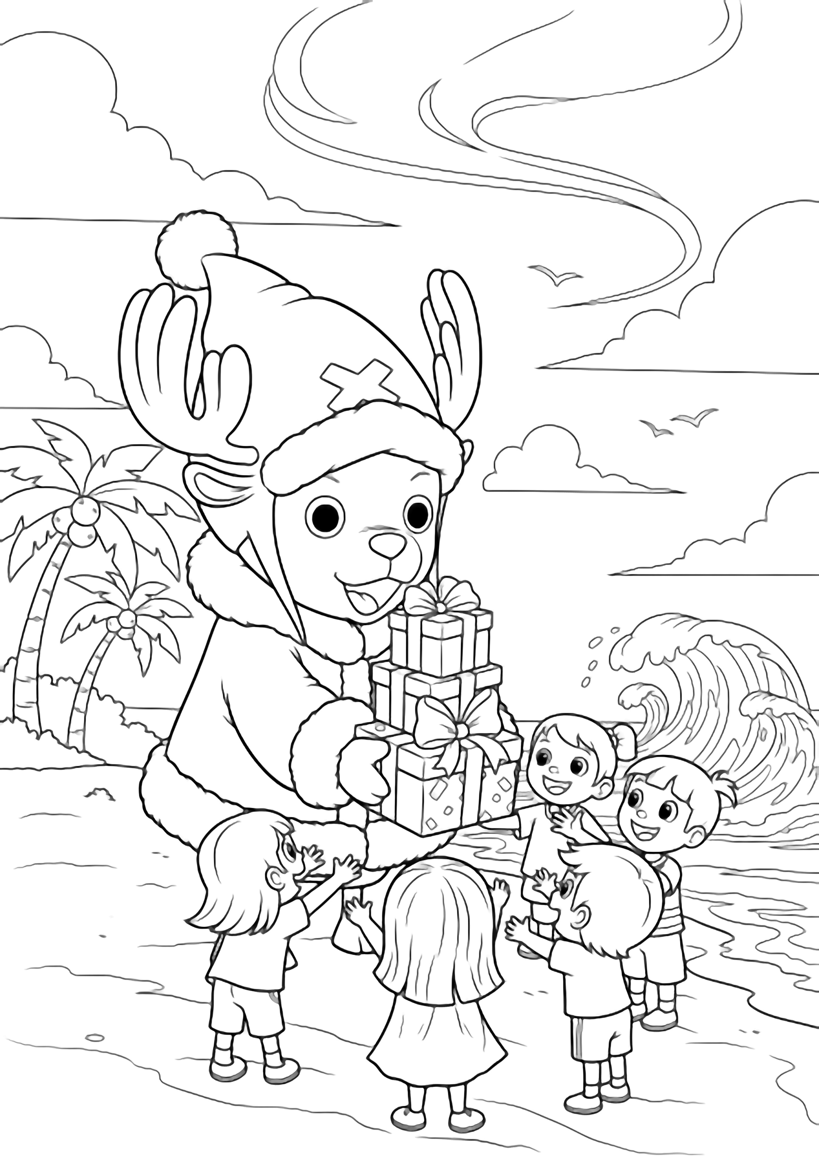 Chopper met een slappe kerstmuts en een fluffy jas staat op een zandstrand en biedt ingepakte cadeautjes aan lachende kinderen aan, met palmbomen, eenvoudige golven en drijvende wolken eromheen. kleurplaat