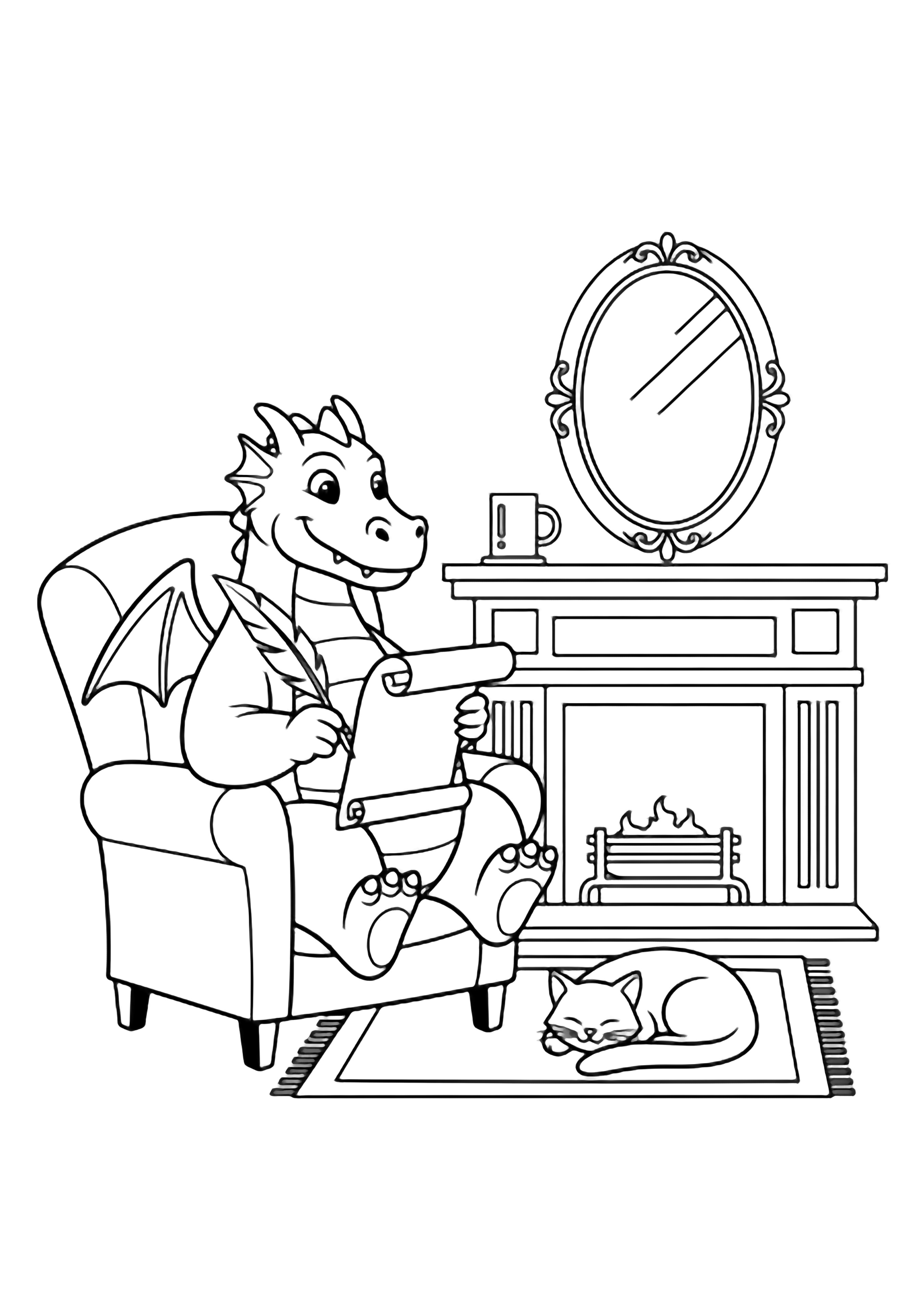 Plump friendly dragon in armchair writing on scroll beside fireplace, oval mirror above mantel, sleeping cat on rug. kleurplaat