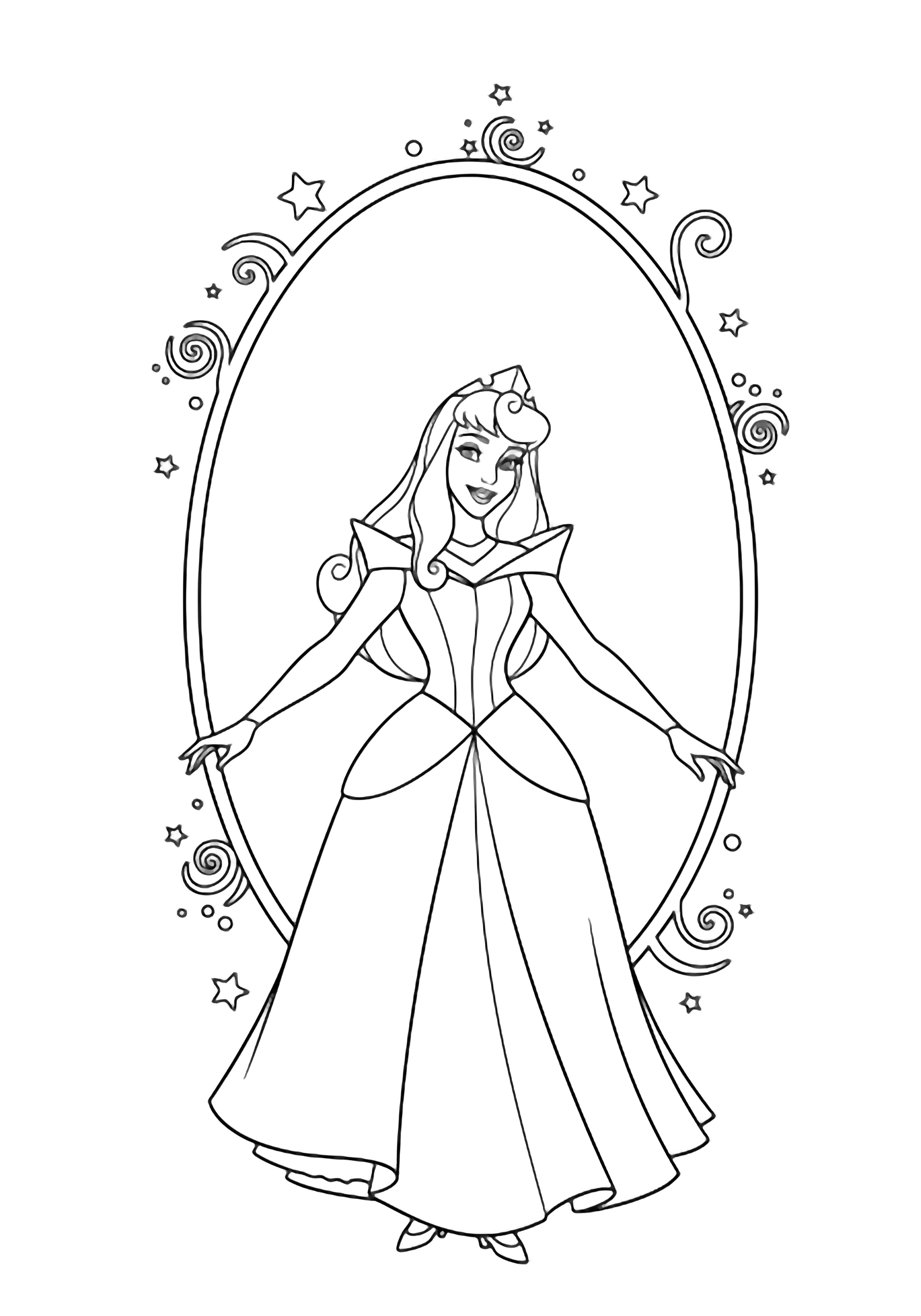 Princess Aurora stands with arms gracefully outstretched, smiling calmly; tiny stars and swirls encircle a simple oval frame behind her. kleurplaat