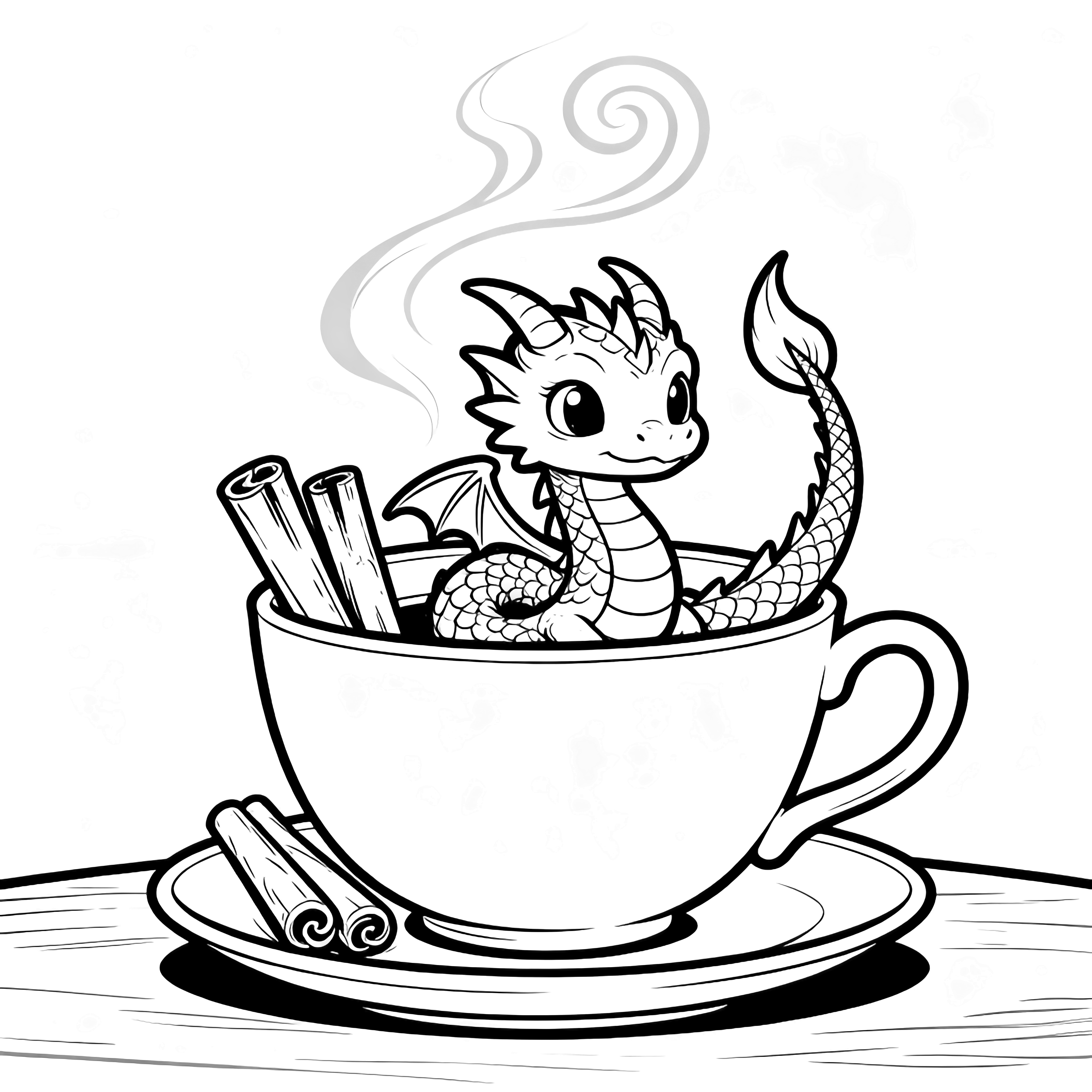 A tiny baby dragon curls inside a large teacup, tail draped over the rim; three cinnamon sticks lean against the cup as steam swirls above a simple tabletop. kleurplaat