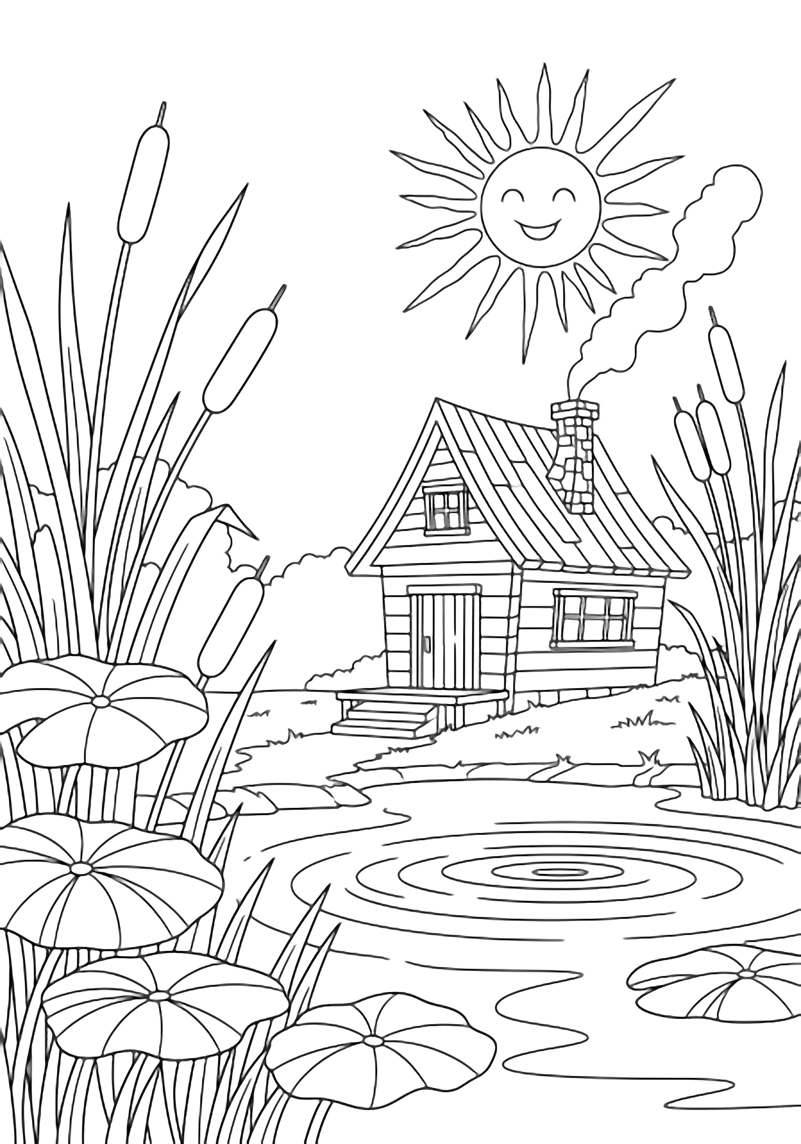 Tiny crooked-chimney cabin beside a calm pond, cattails and big floppy leaves at edges, rippled water, smiling sun overhead. kleurplaat
