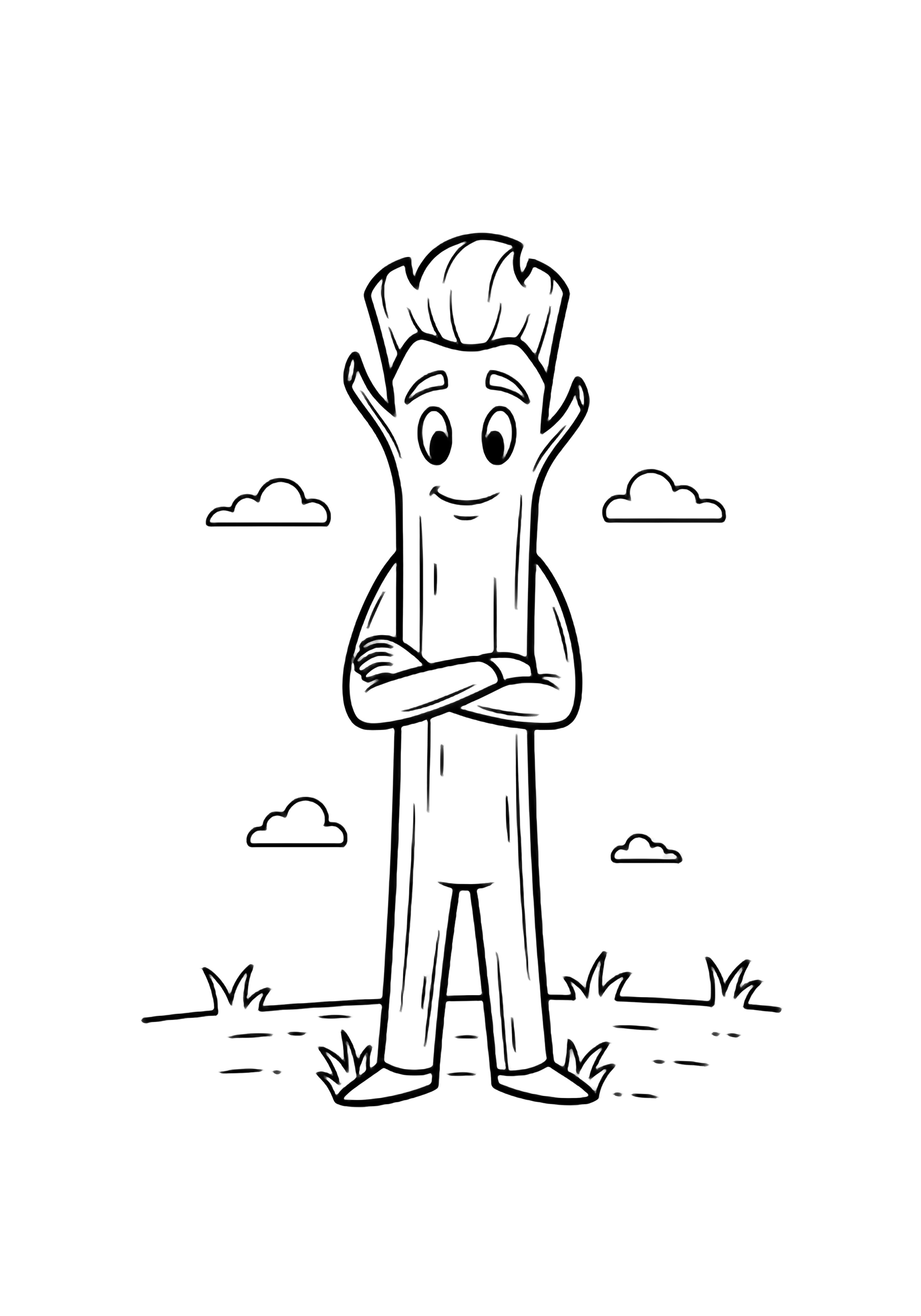 Branch stands centered with crossed arms and a slight smile, tufted hair; simple grass line and tiny clouds frame him. kleurplaat
