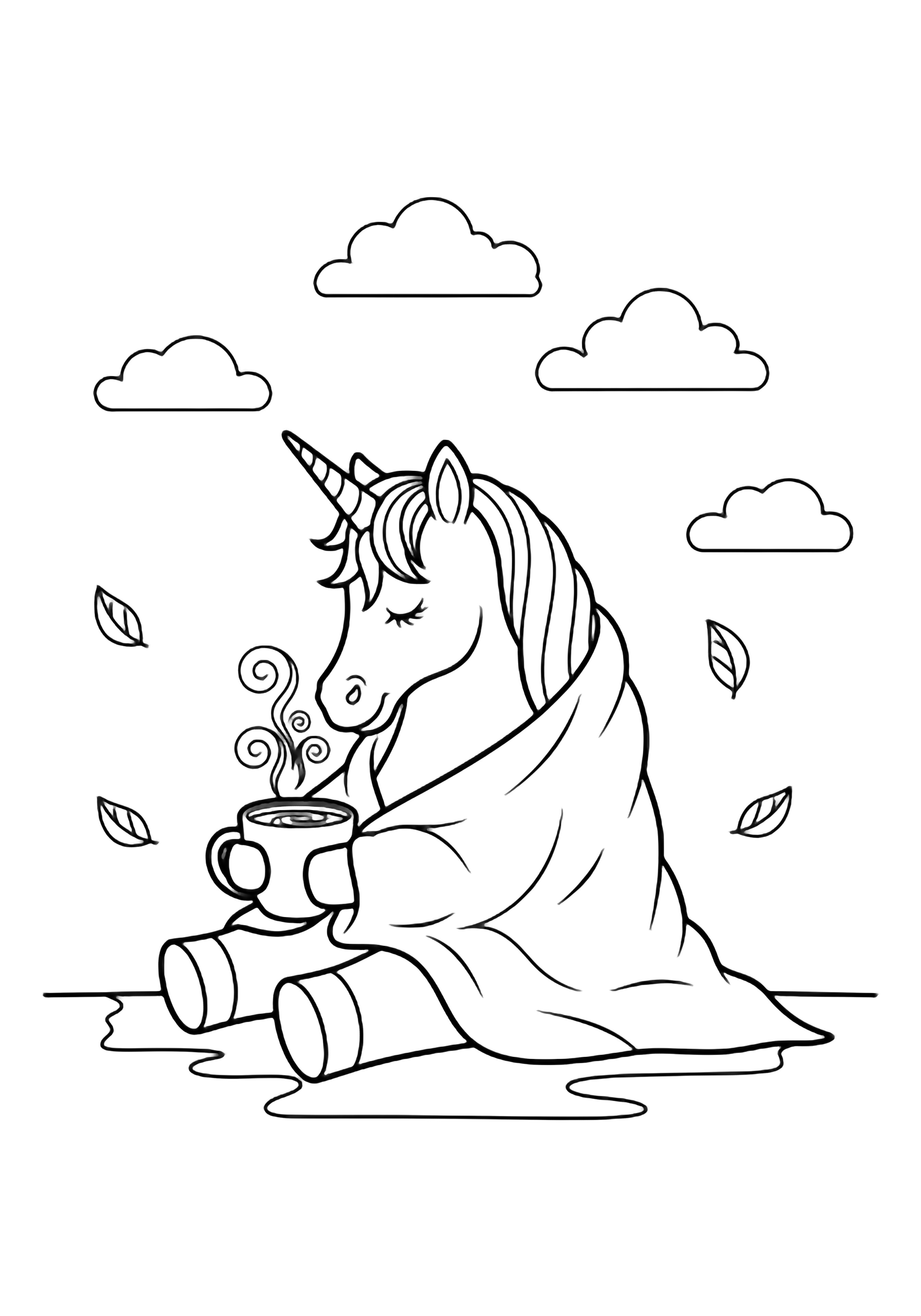 A sleepy unicorn wrapped in a blanket hugs a steaming mug while leaves drift around and three clouds hover behind. kleurplaat