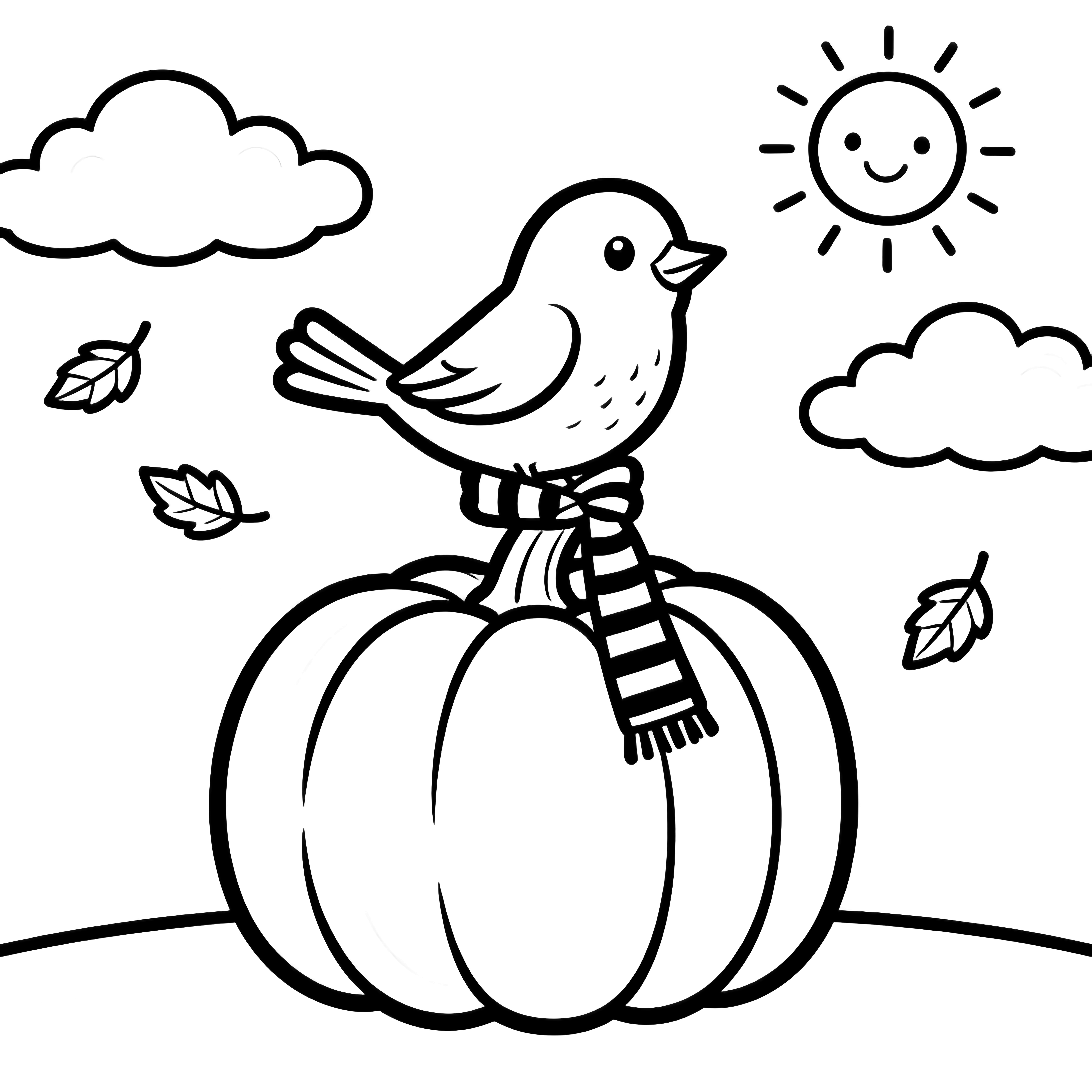 A cheerful songbird wearing a striped scarf sits on a plump pumpkin while three small leaves drift past; above, a smiling sun and clouds hover over gently sketched ground. kleurplaat