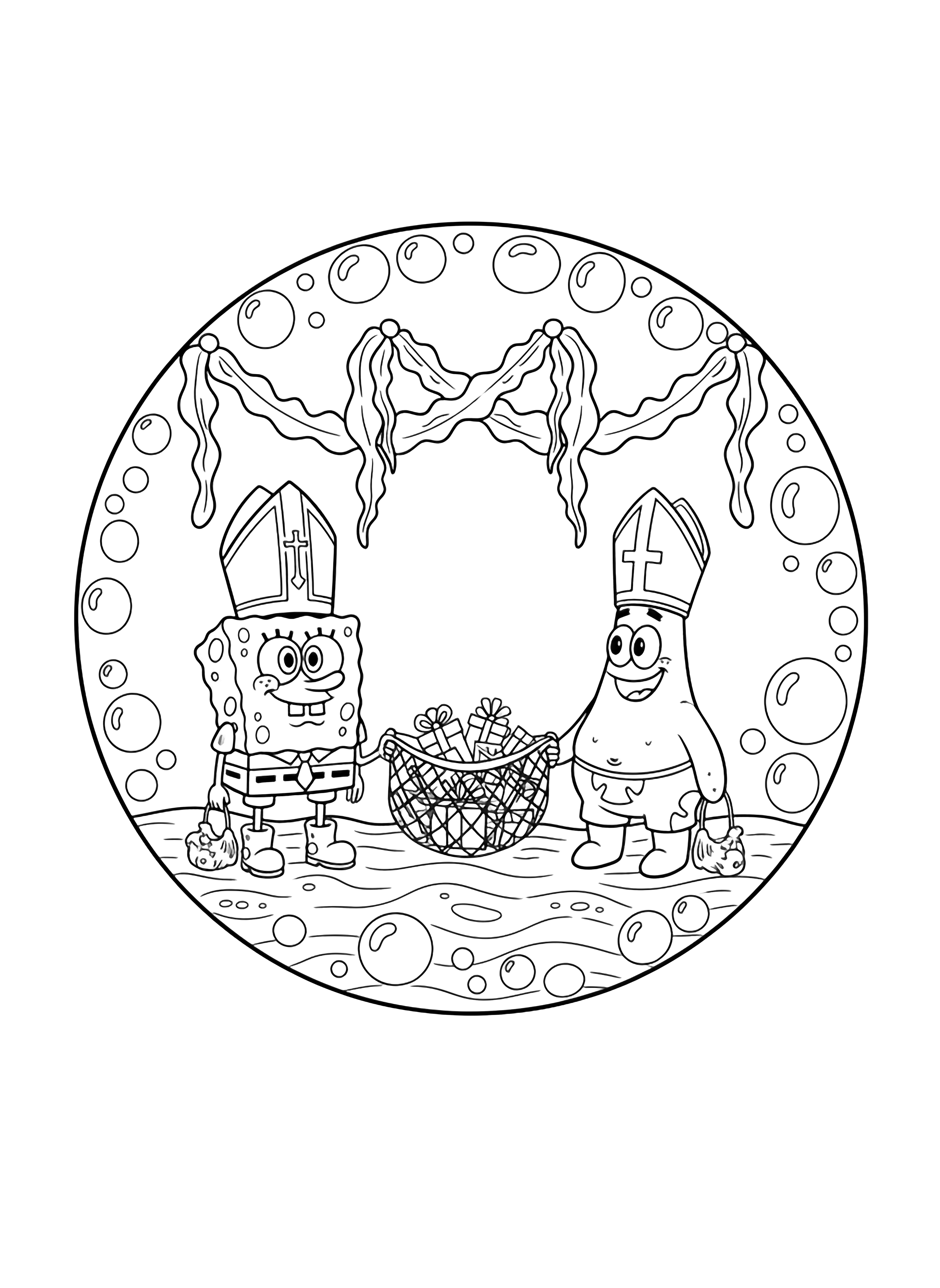 SpongeBob and Patrick stand on wavy seabed wearing tall bishop mitres; empty shell-boots at their feet, seaweed garlands overhead, gift-filled open net between them, simple bubble background kleurplaat
