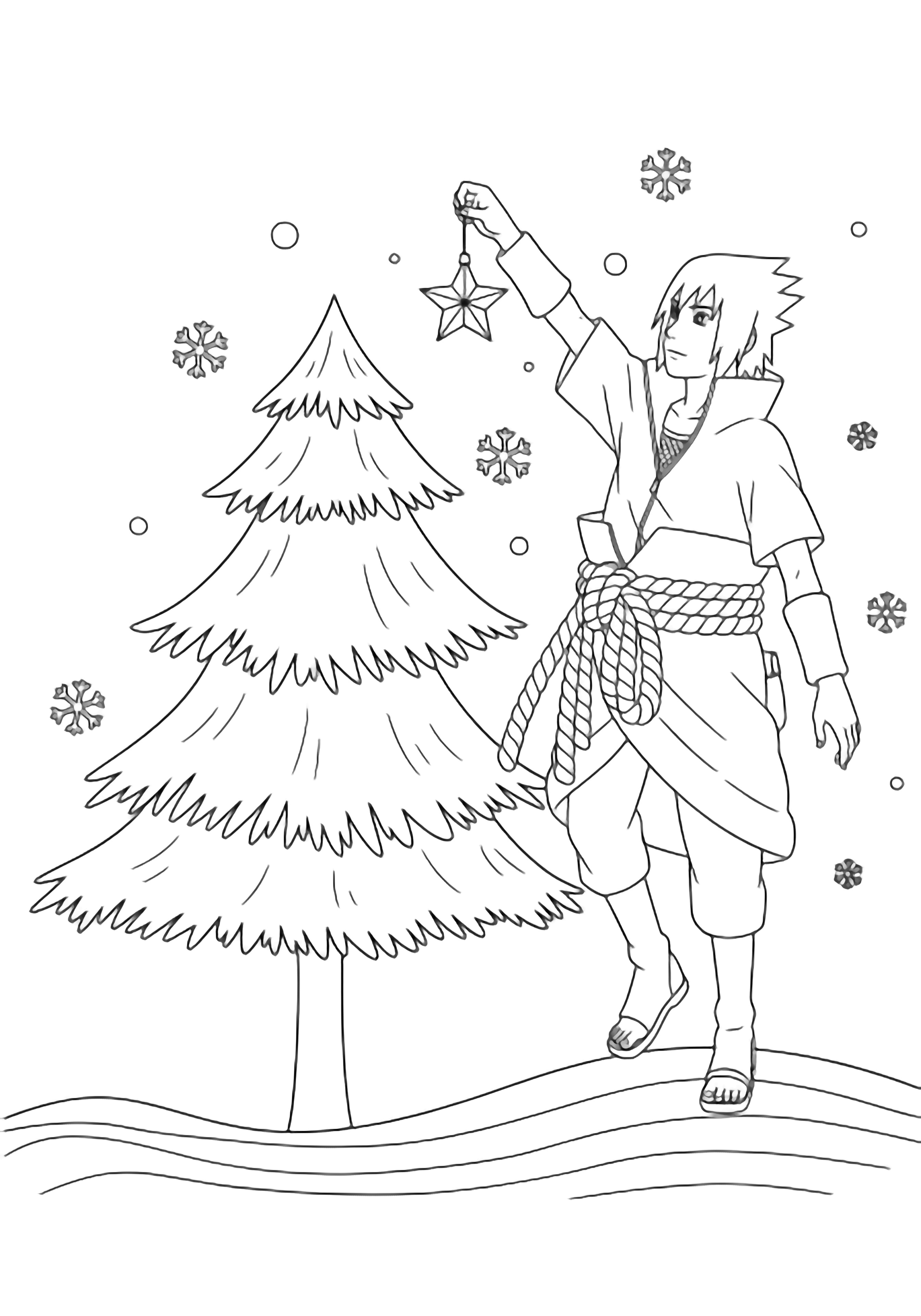 Sasuke op zijn tenen hangt een ster aan een gelaagde den terwijl sneeuwvlokjes dwarrelen; golvende grondlijnen eronder. kleurplaat