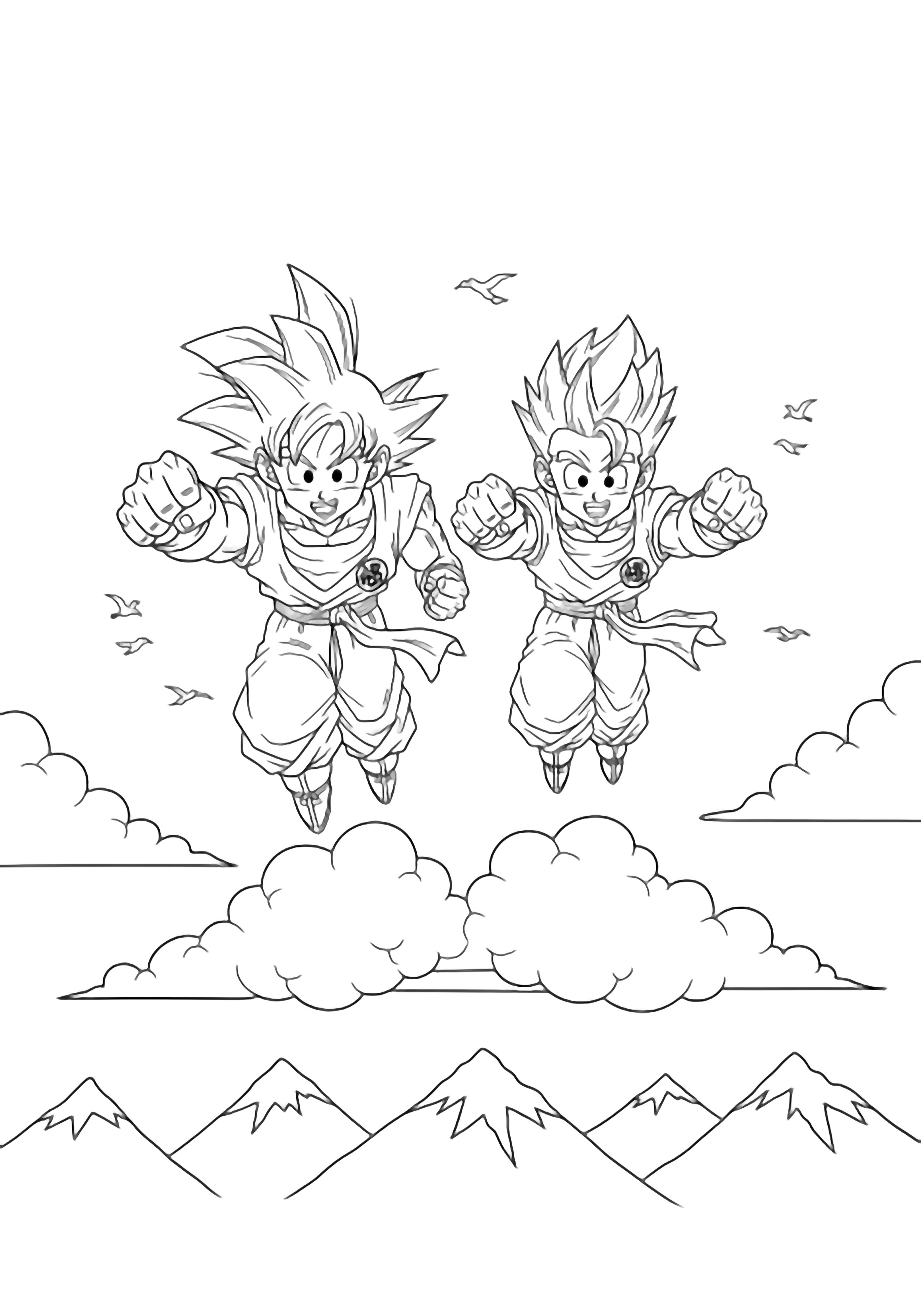 Goku and Gohan fly side-by-side, fists forward, above clouds and mountain peaks, with small birds around them. kleurplaat