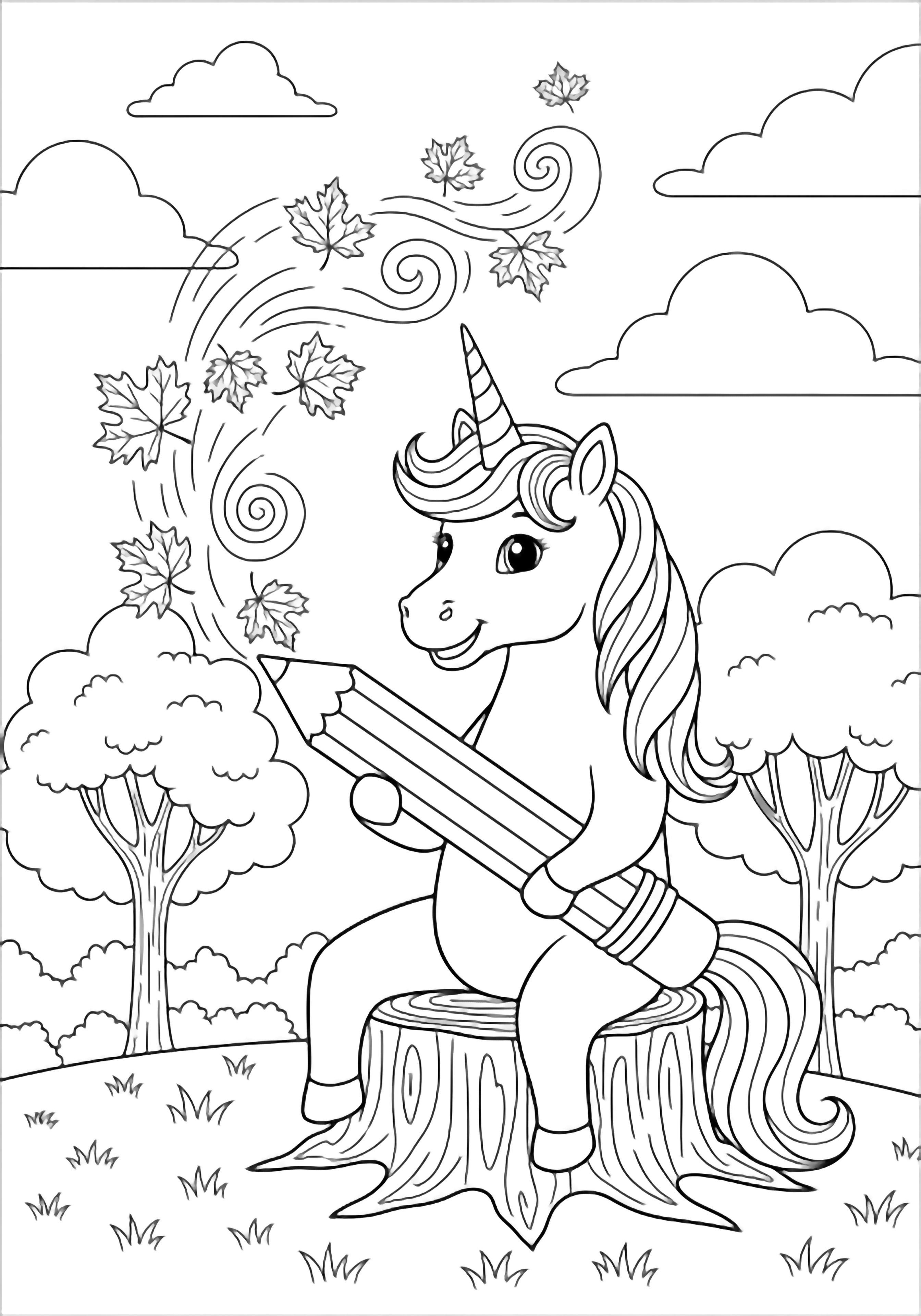 A happy unicorn on a stump draws spiraling fall leaves with an oversized pencil; trees and clouds encircle. kleurplaat