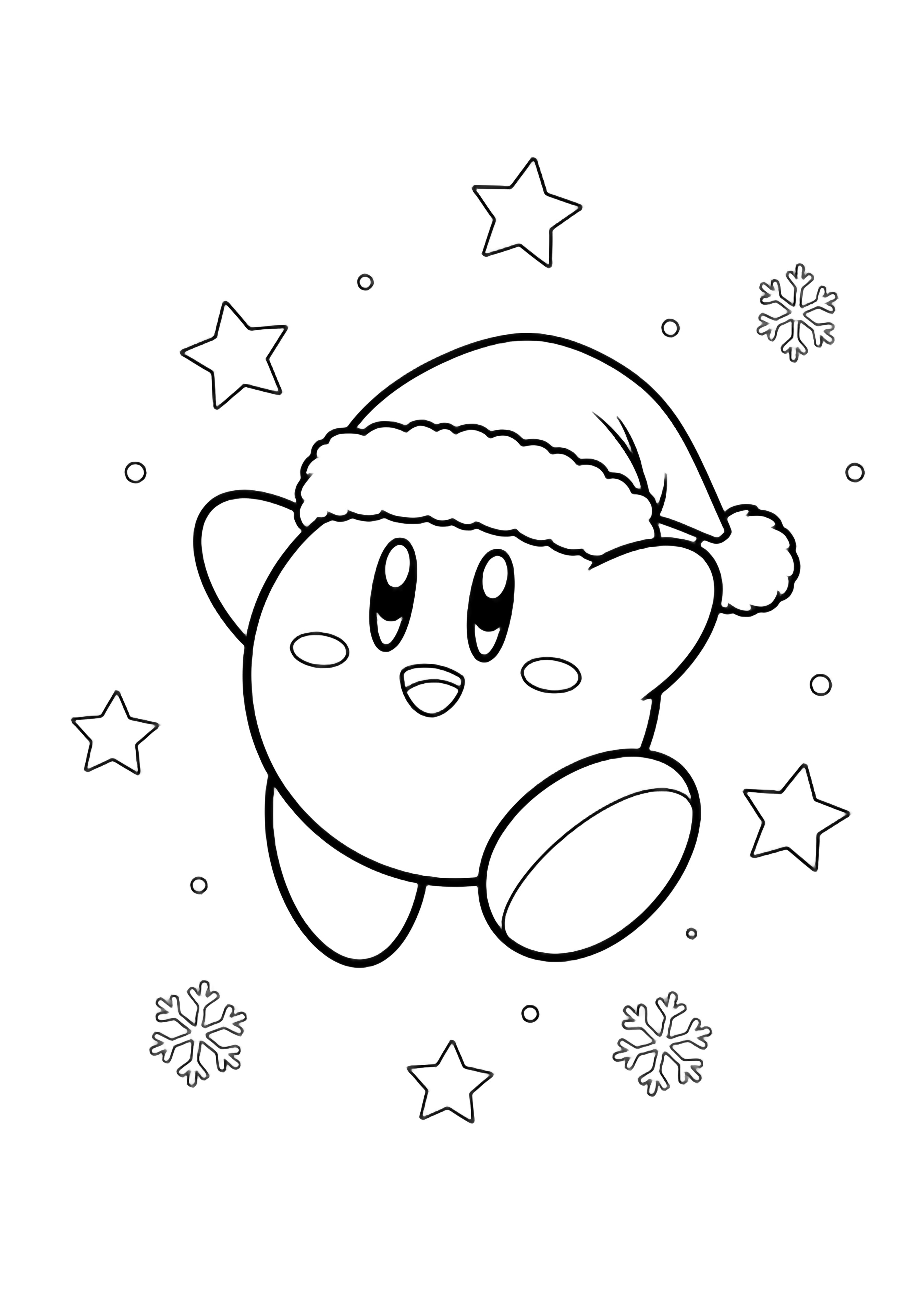 Kirby in a fluffy Santa hat floats upward with open arms, surrounded by simple stars and snowflakes. kleurplaat