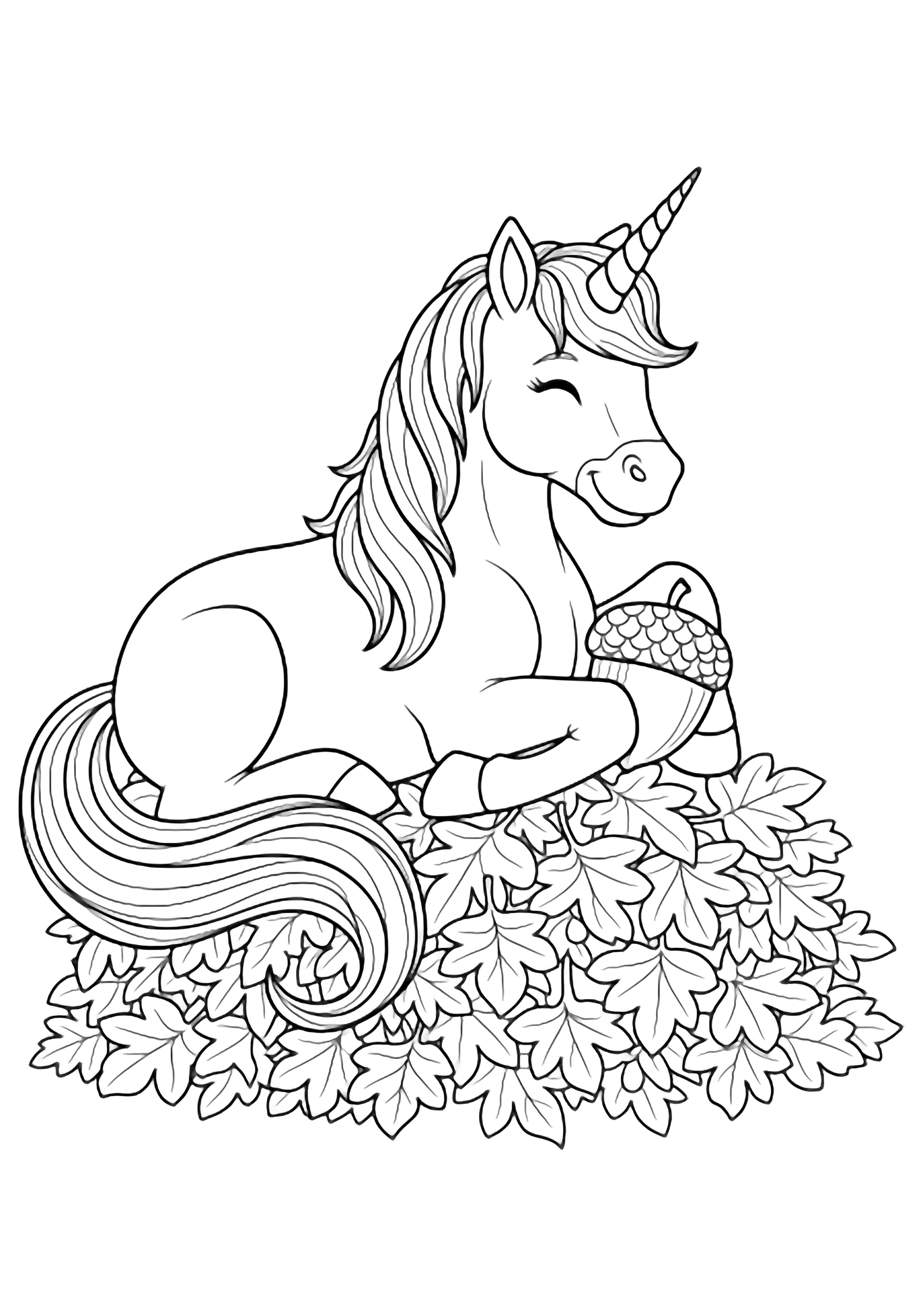 A smiling unicorn lounges on a pile of five-point leaves, tail curled around an acorn held between its hooves. kleurplaat