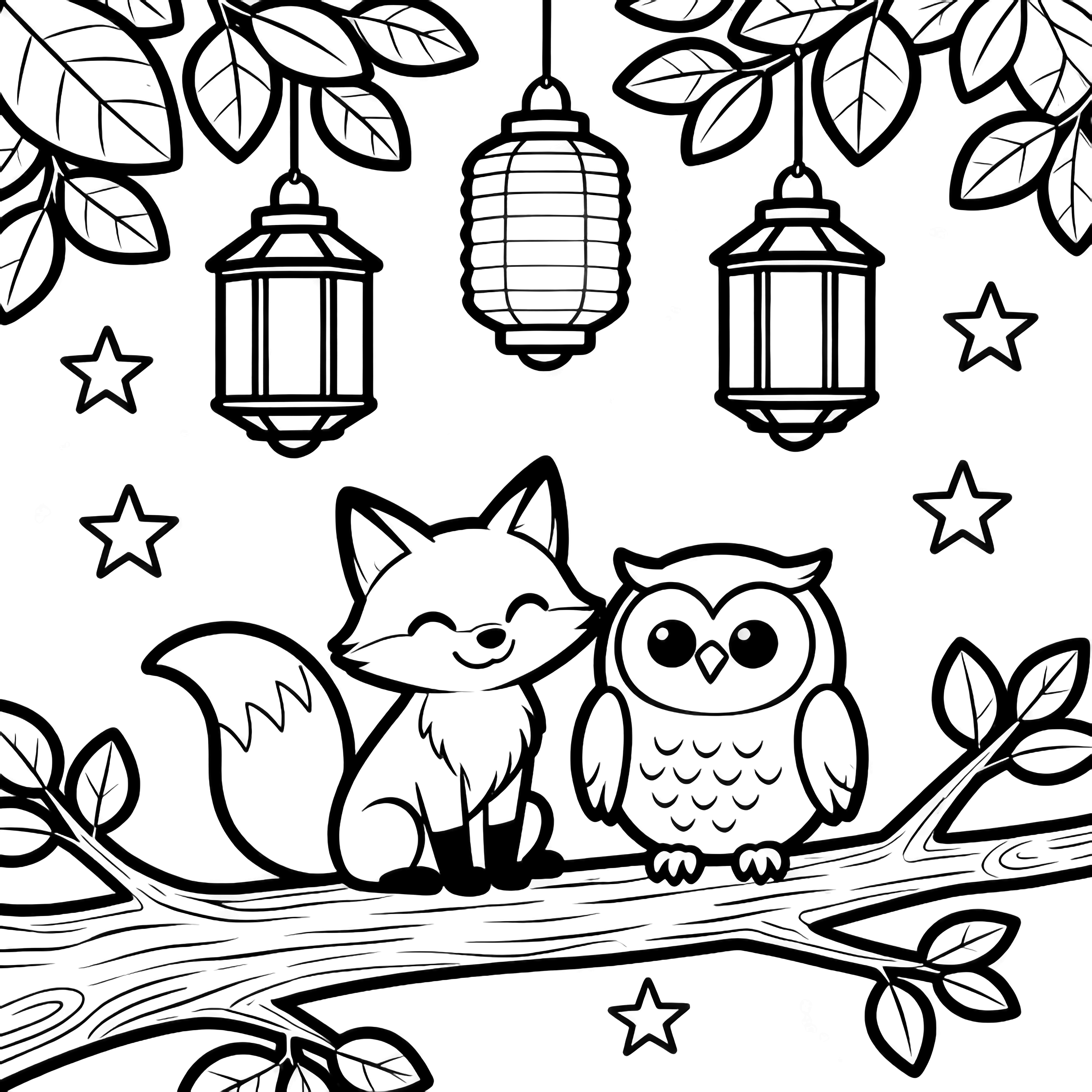 A cheerful fox and plump owl share a branch while three lanterns, leaves, and stars float overhead. kleurplaat