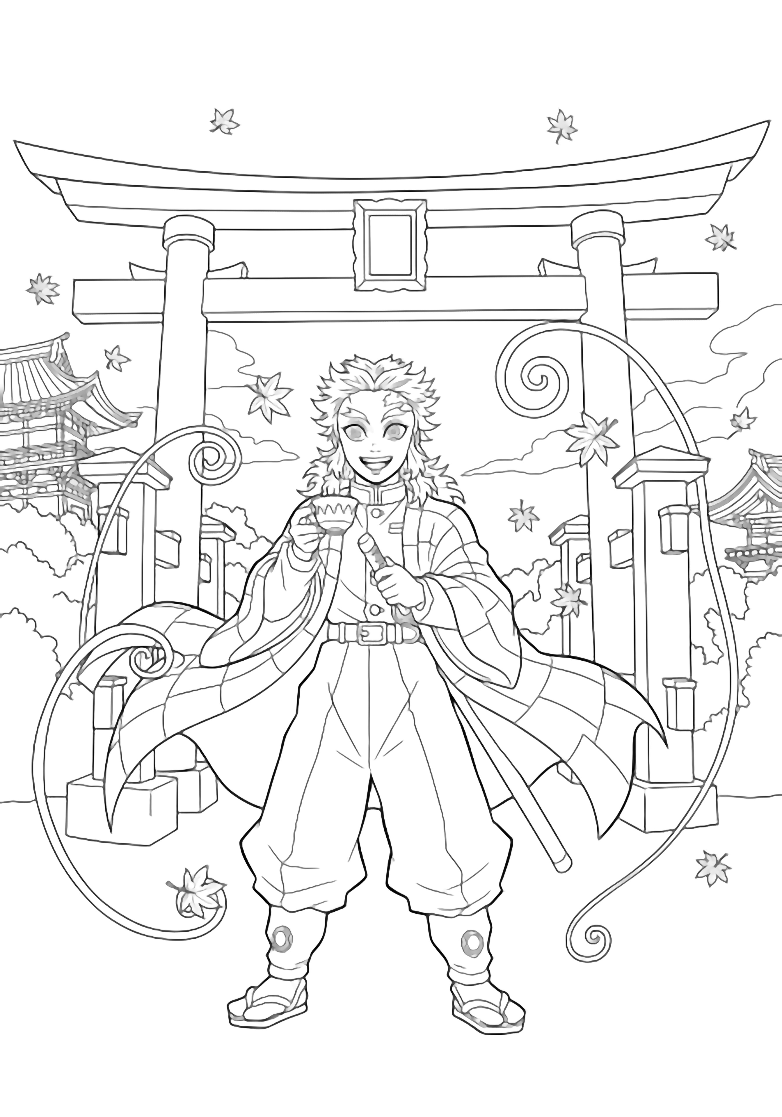 Rengoku smiles outside a torii gate, lifting a teacup; his checkered cloak and spiky hair flutter amid swirling leaves and distant temple roofs. kleurplaat