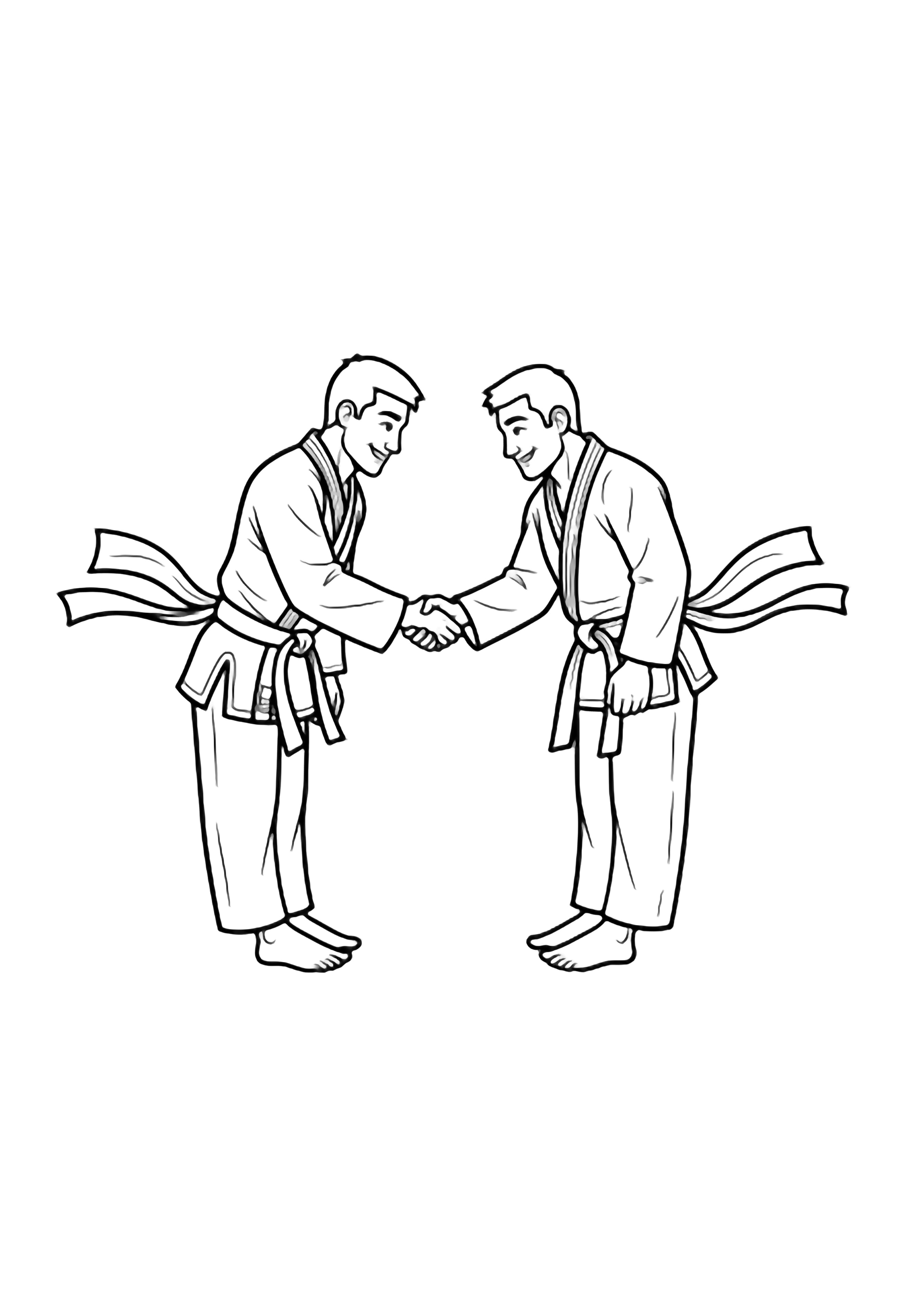 Two smiling martial artists in gis with fluttering sashes bow and shake hands kleurplaat