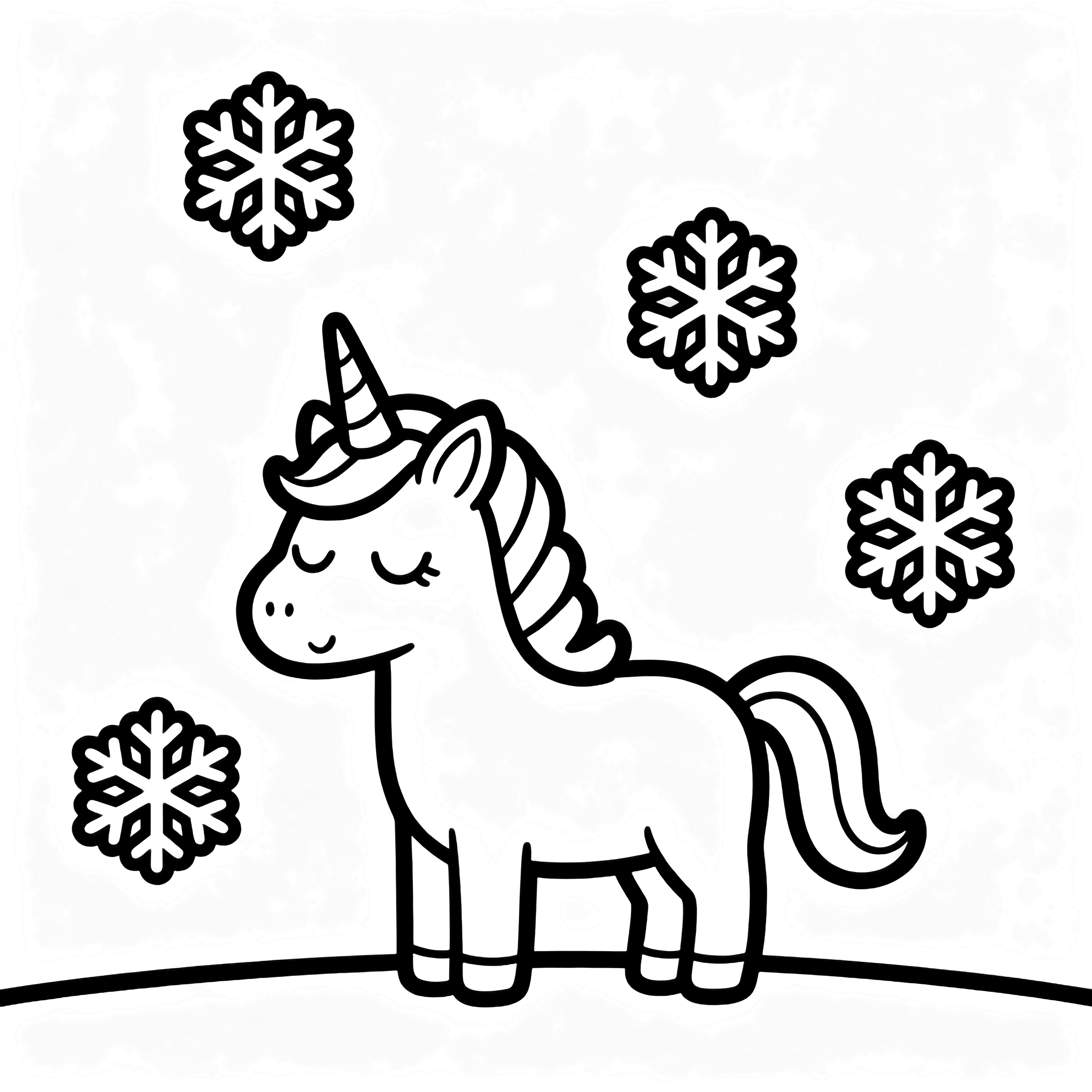 Een kawaii eenhoorn met gesloten ogen en een zachte glimlach staat onder dwarrelende sneeuwvlokken. kleurplaat