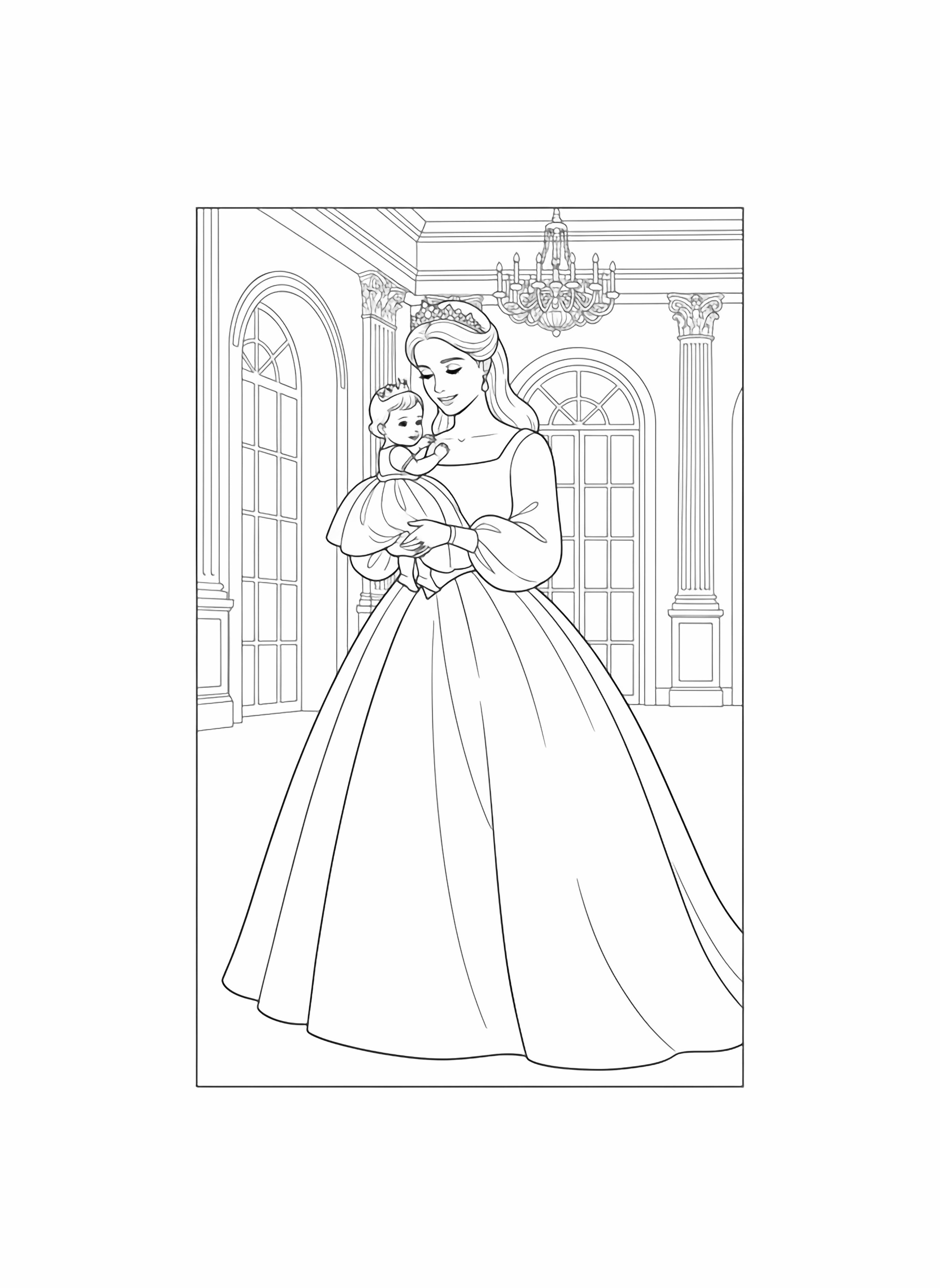 A black and white illustration of a princess from Great Britain holding her tiny princess baby in an opulent palace hall Both wear magnificent flowing gowns with wide skirts and long sleeves completely smooth and pattern free The mother princess wears a delicate tiara and a gentle smile while the baby princess has a tiny crown and a clean black and white line drawing minimal shading no colour no fill kleurplaat