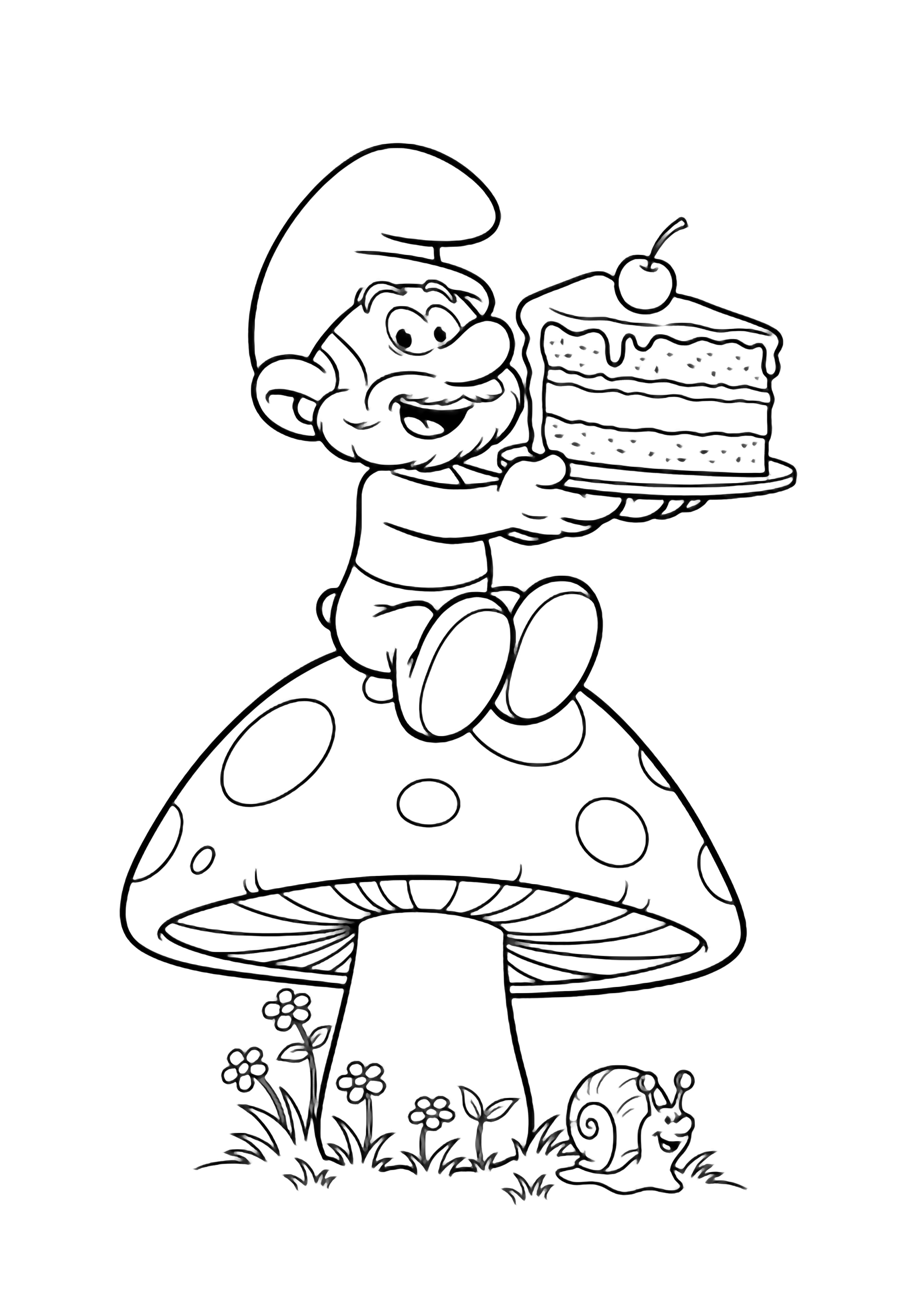 Papa Smurf sits cross-legged on a big spotted mushroom, happily holding a huge slice of triple-layer cake; grass, tiny flowers, and a smiling snail below. kleurplaat