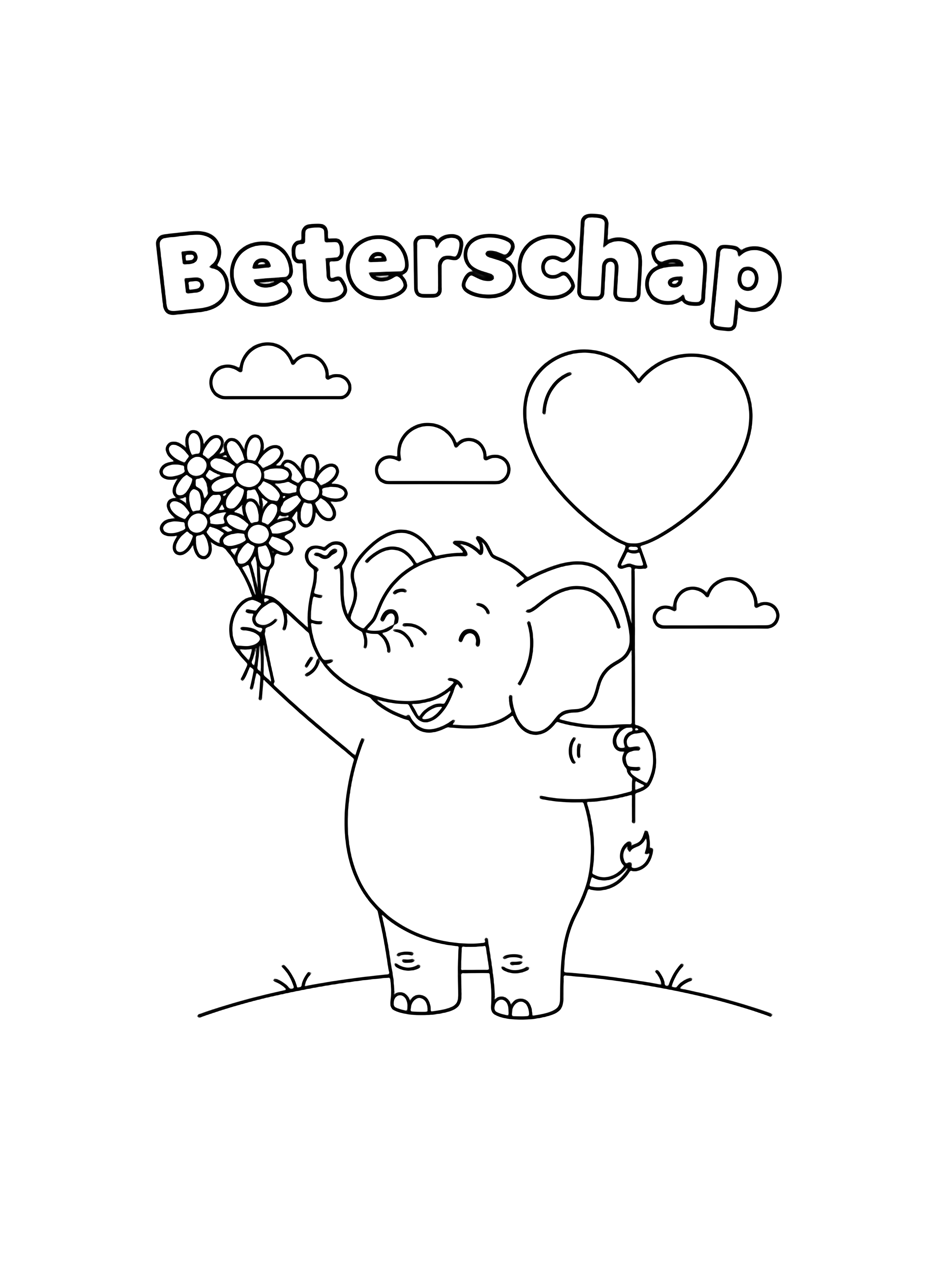 A cheerful elephant lifts daisies with its trunk and clutches a heart balloon; "Beterschap" floats beneath a small cloud above a ground line. kleurplaat